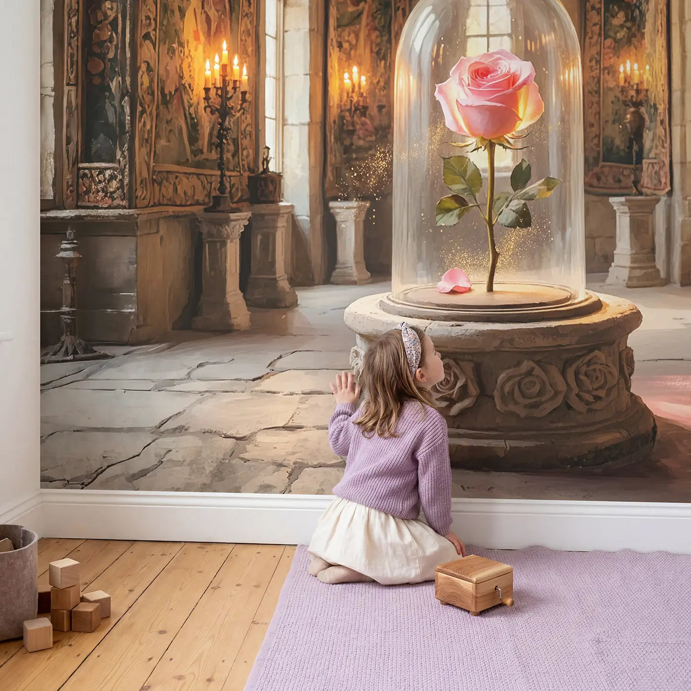Child in nursery with Enchanted Rose Glass Dome Castle Wallpaper Mural by Whimsy Tots