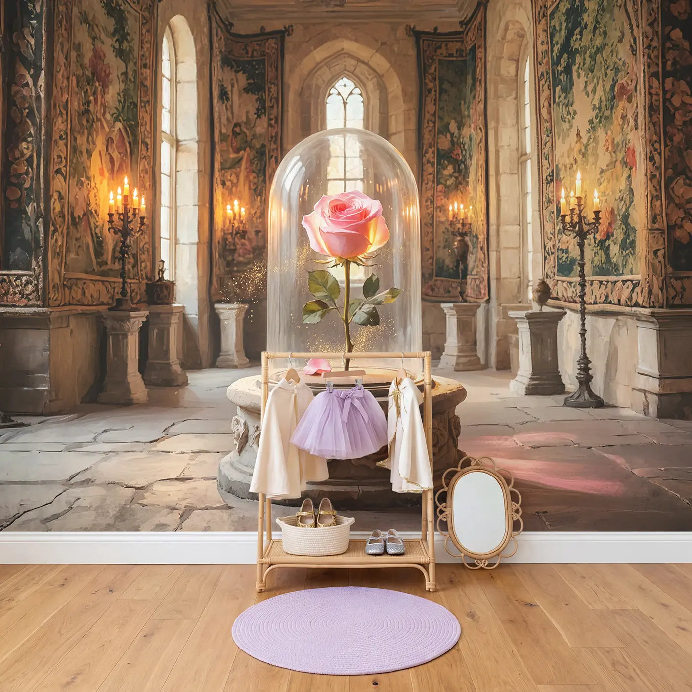 Enchanted Rose Glass Dome Castle Wallpaper Mural in playroom setting by Whimsy Tots