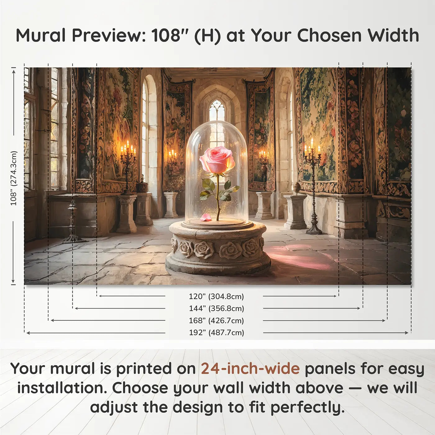 Panel layout and dimensions for Enchanted Rose Glass Dome Castle Wallpaper Mural by Whimsy Tots