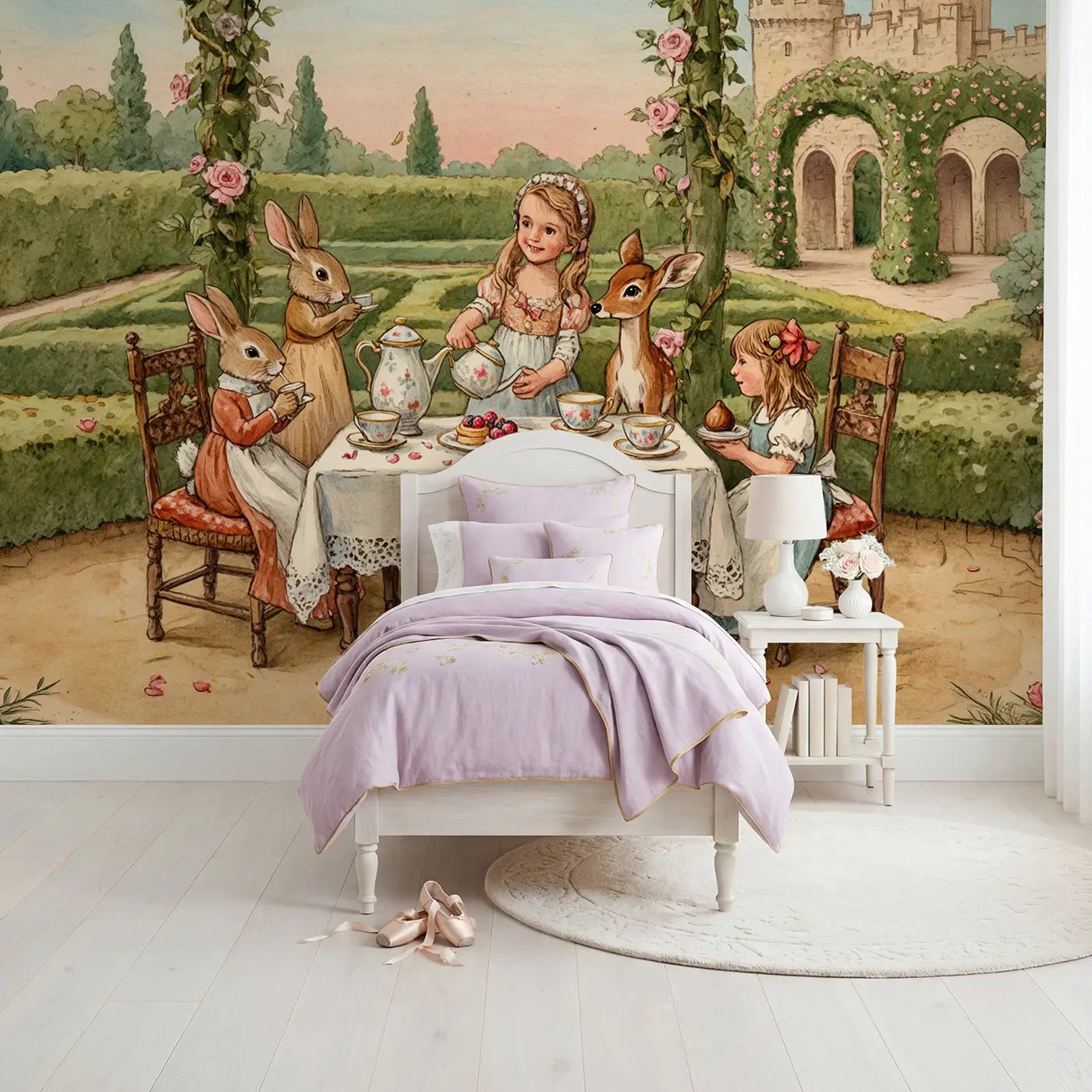 Storybook princess castle wallpaper mural for kids room by Whimsy Tots