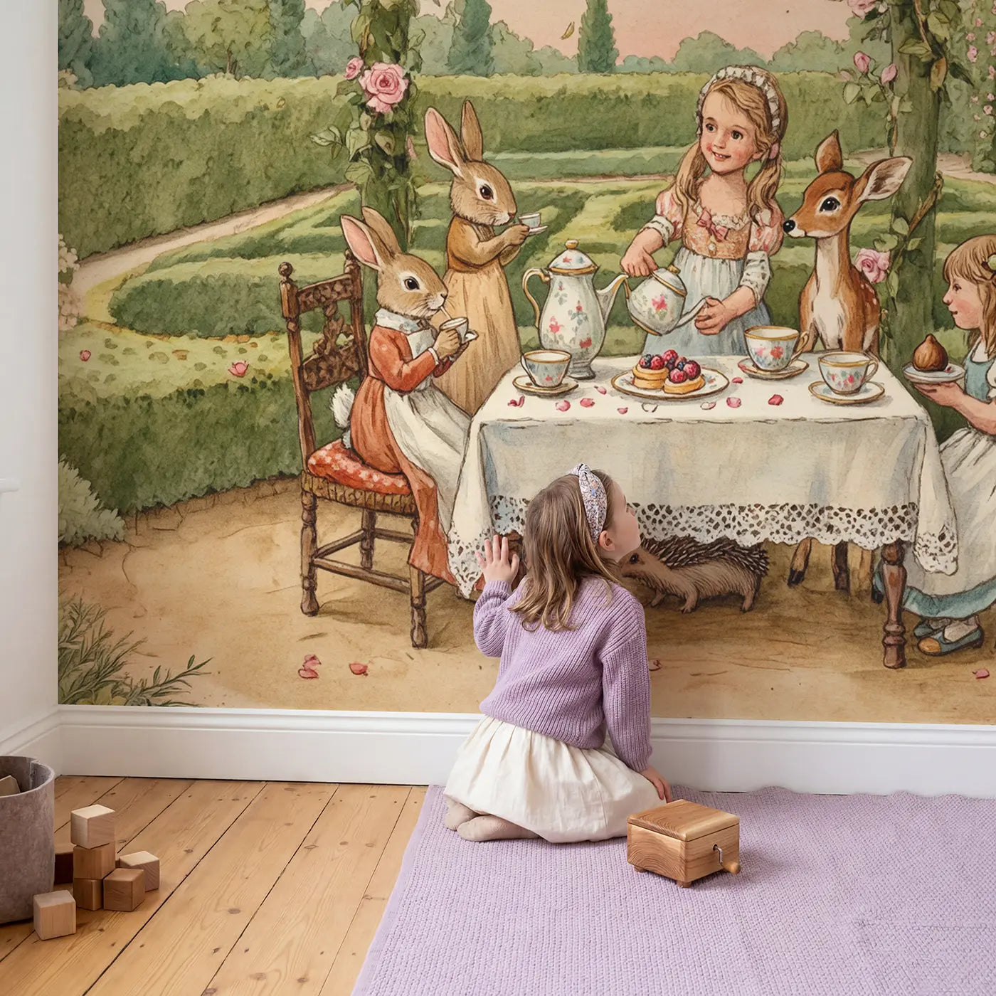 Child in nursery with Woodland Tea Party Princess Wallpaper Mural by Whimsy Tots