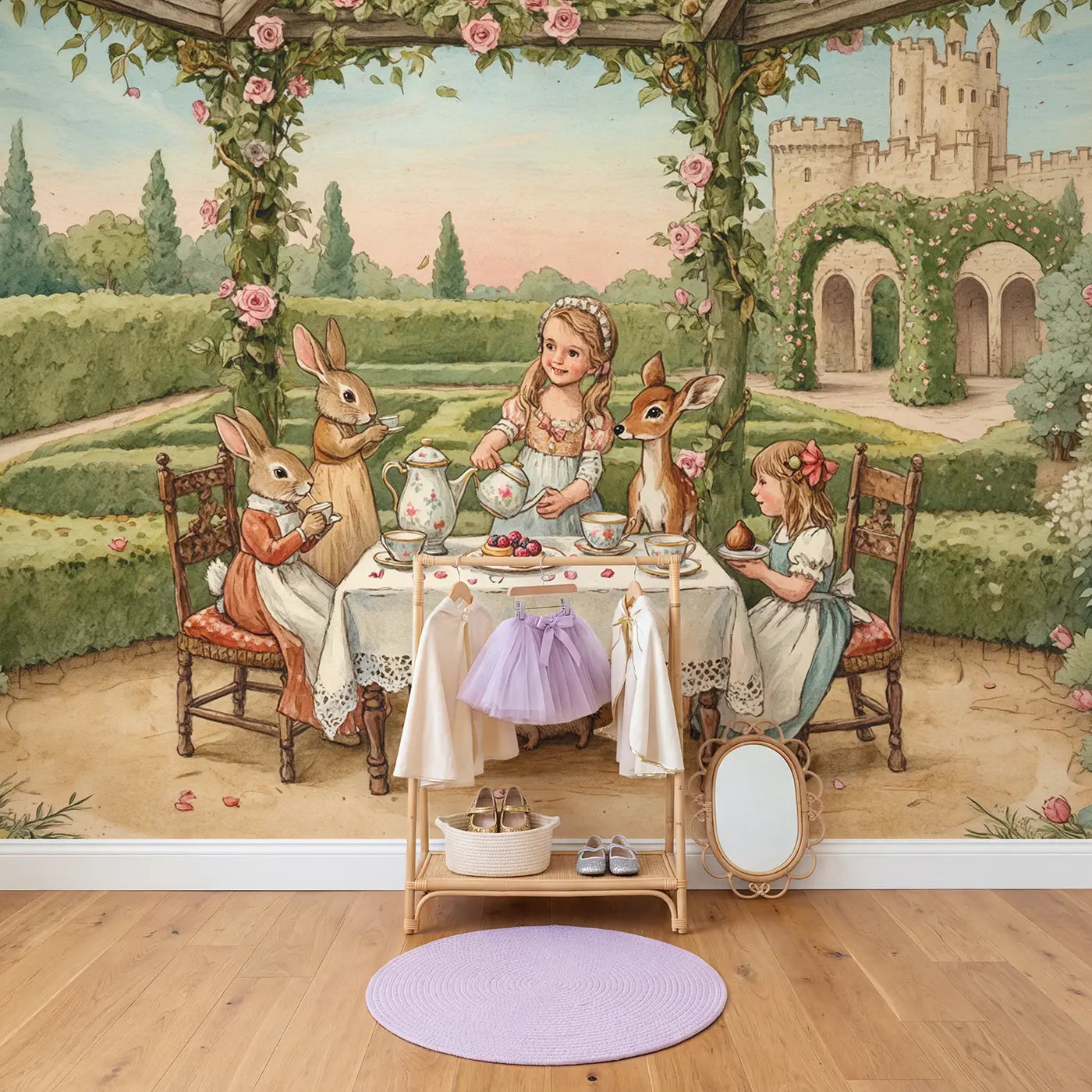 Woodland Tea Party Princess Wallpaper Mural in playroom setting by Whimsy Tots