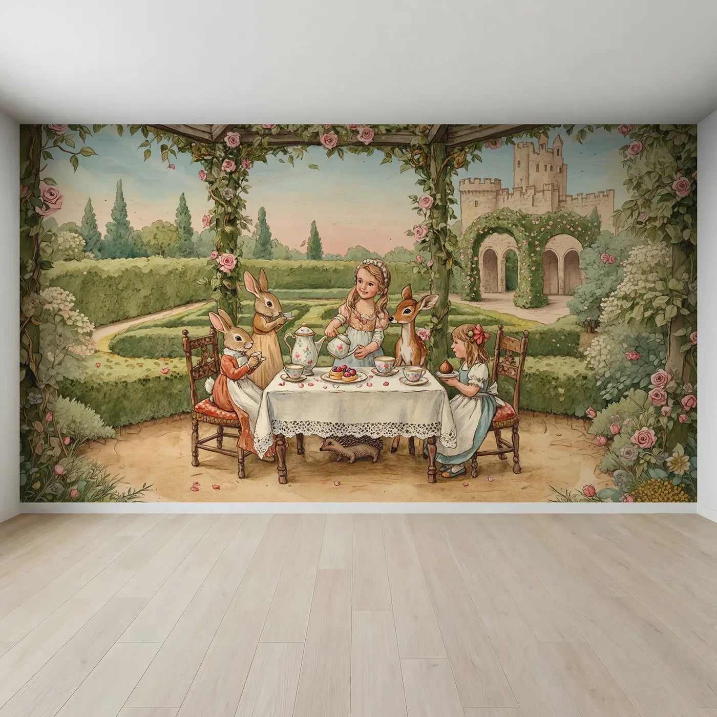 Full view of Woodland Tea Party Princess Wallpaper Mural by Whimsy Tots