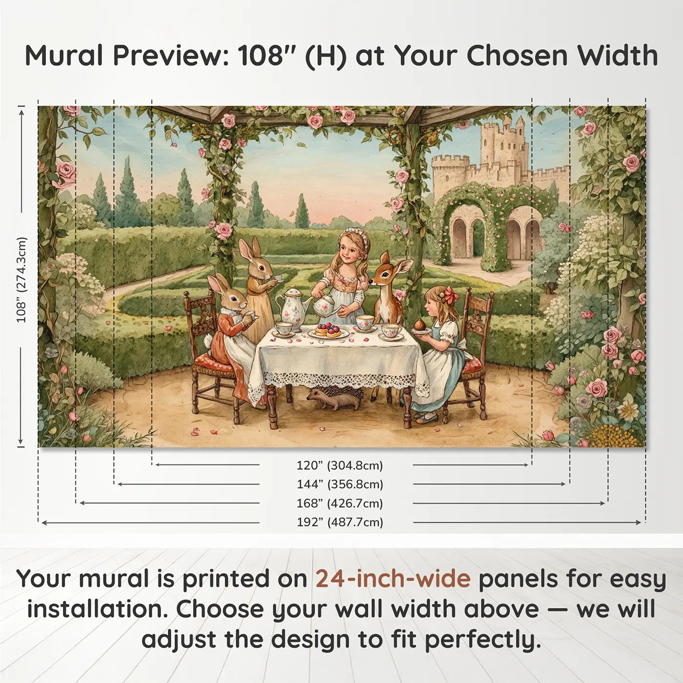 Panel layout and dimensions for Woodland Tea Party Princess Wallpaper Mural by Whimsy Tots