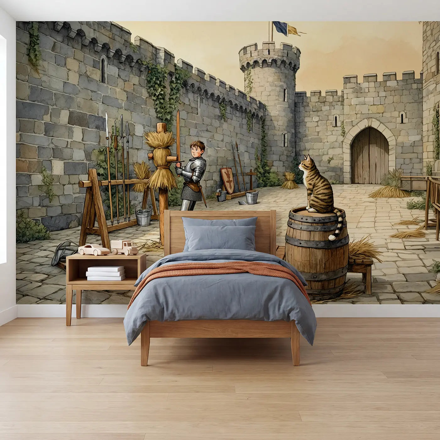 Storybook knight training castle yard wallpaper mural for boys room by Whimsy Tots