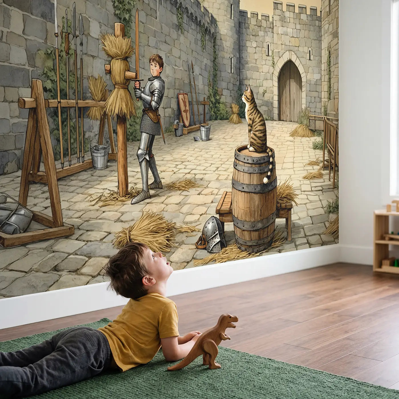 Child in nursery with Young Knight Training Yard Wallpaper Mural by Whimsy Tots