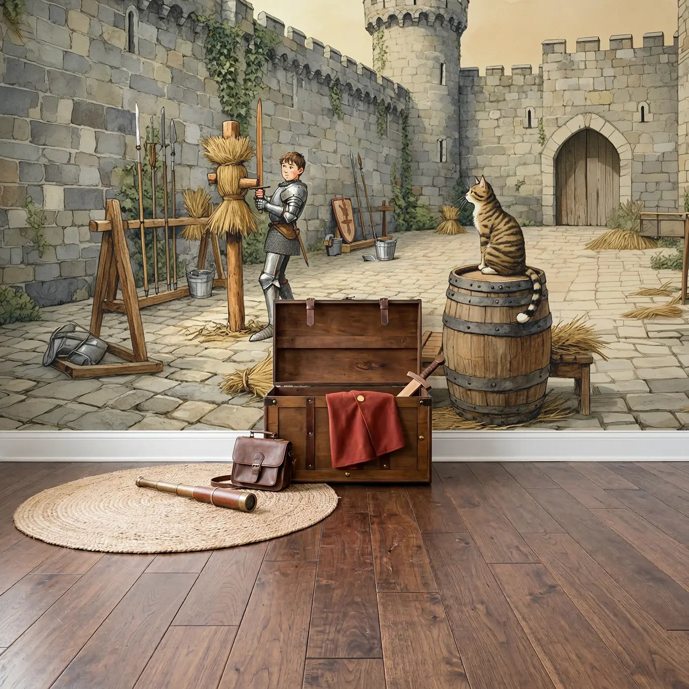 Young Knight Training Yard Wallpaper Mural in playroom setting by Whimsy Tots