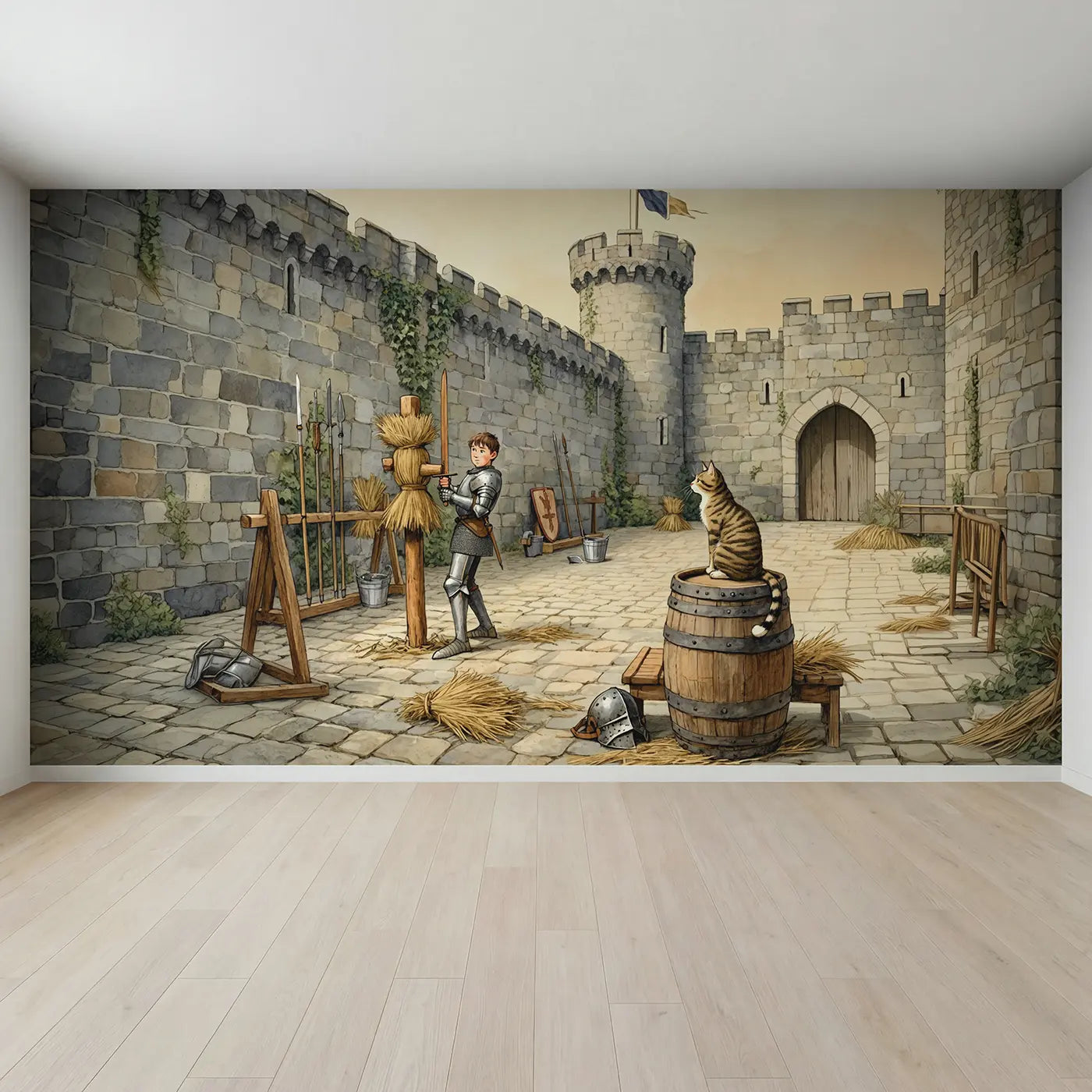 Full view of Young Knight Training Yard Wallpaper Mural by Whimsy Tots