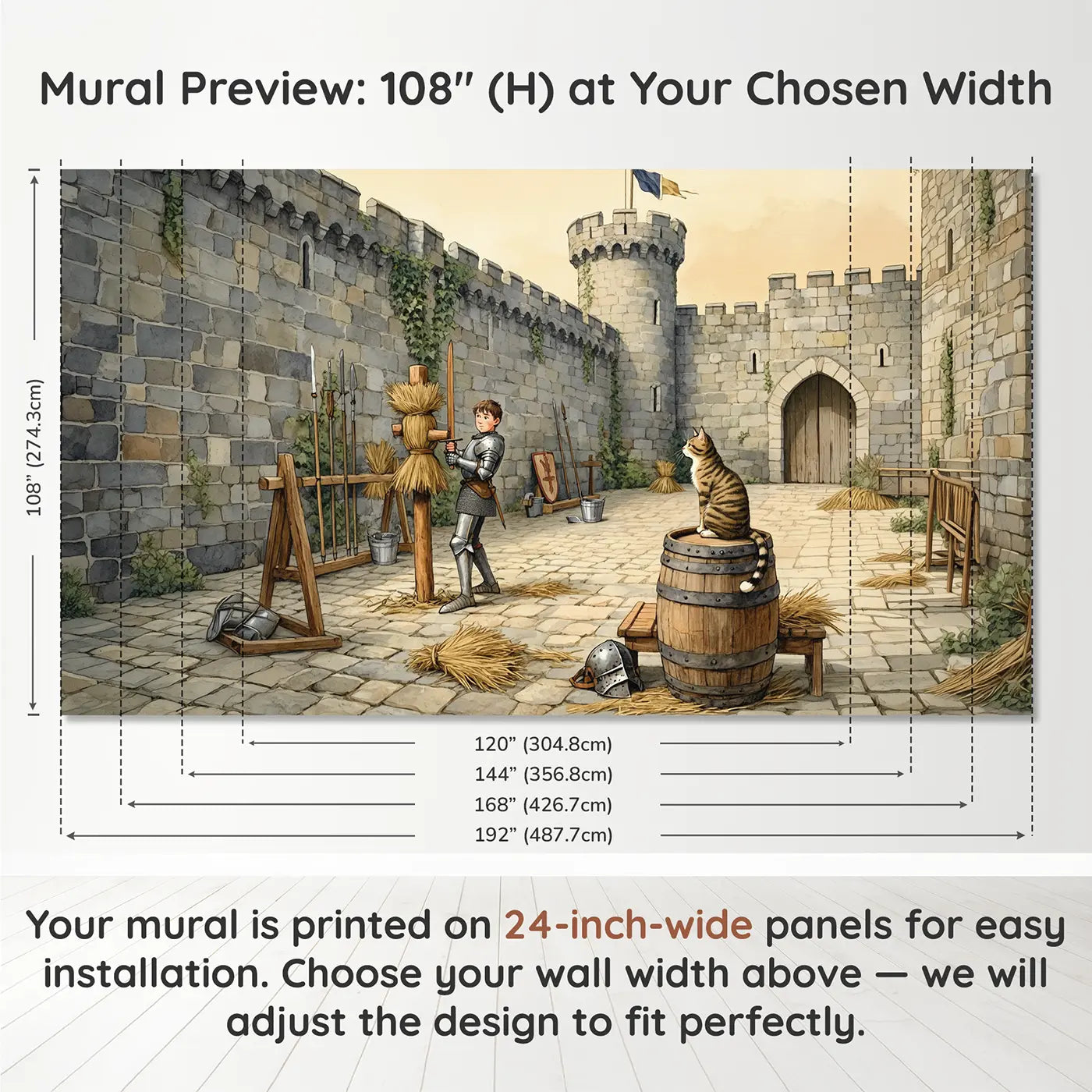 Panel layout and dimensions for Young Knight Training Yard Wallpaper Mural by Whimsy Tots