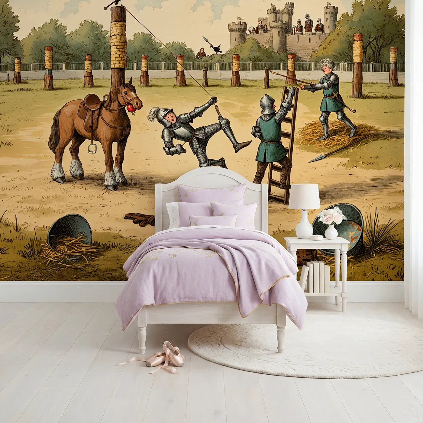 Block Print jousting practice comedy wallpaper mural for girls room by Whimsy Tots