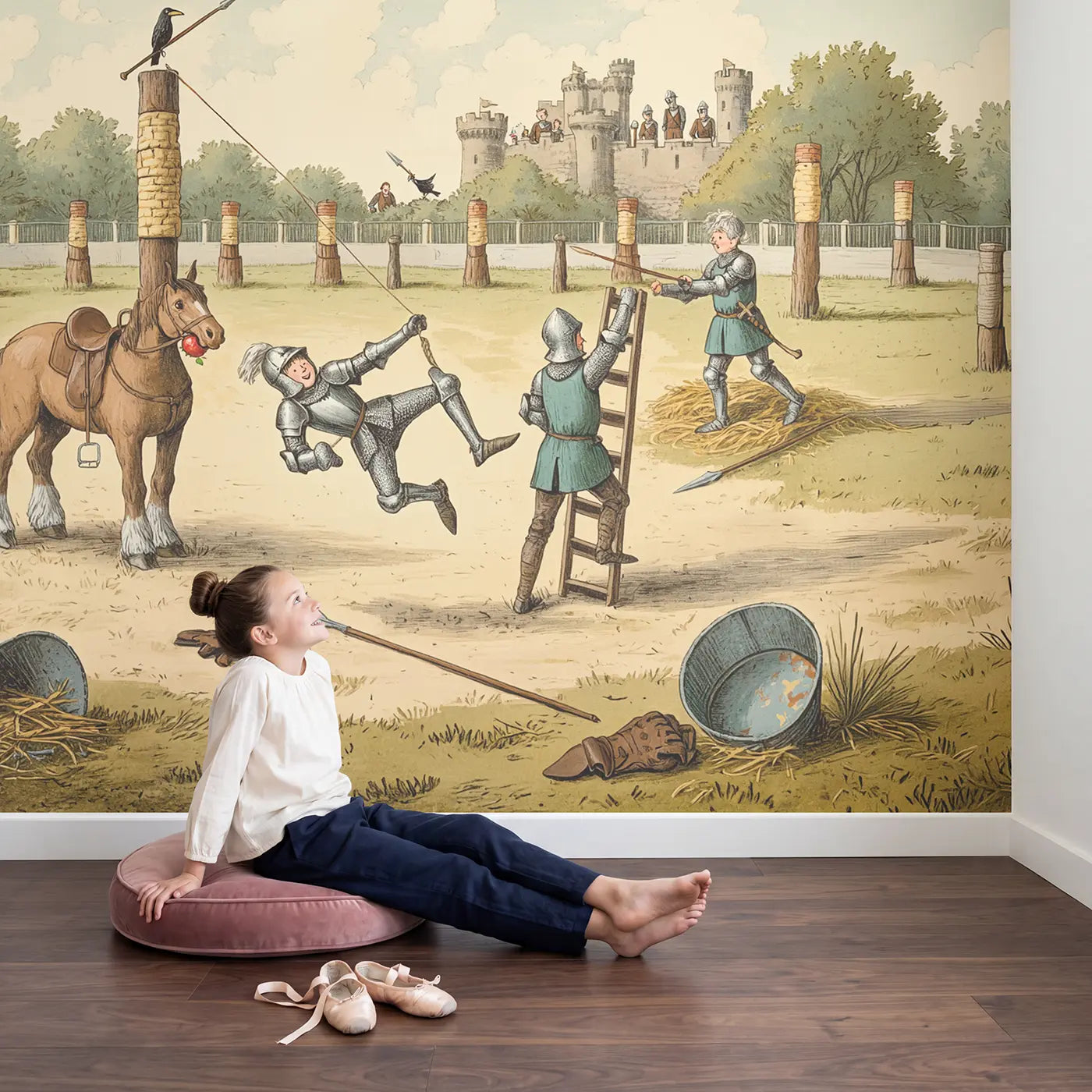 Child in nursery with Jousting Practice Comedy Wallpaper Mural by Whimsy Tots