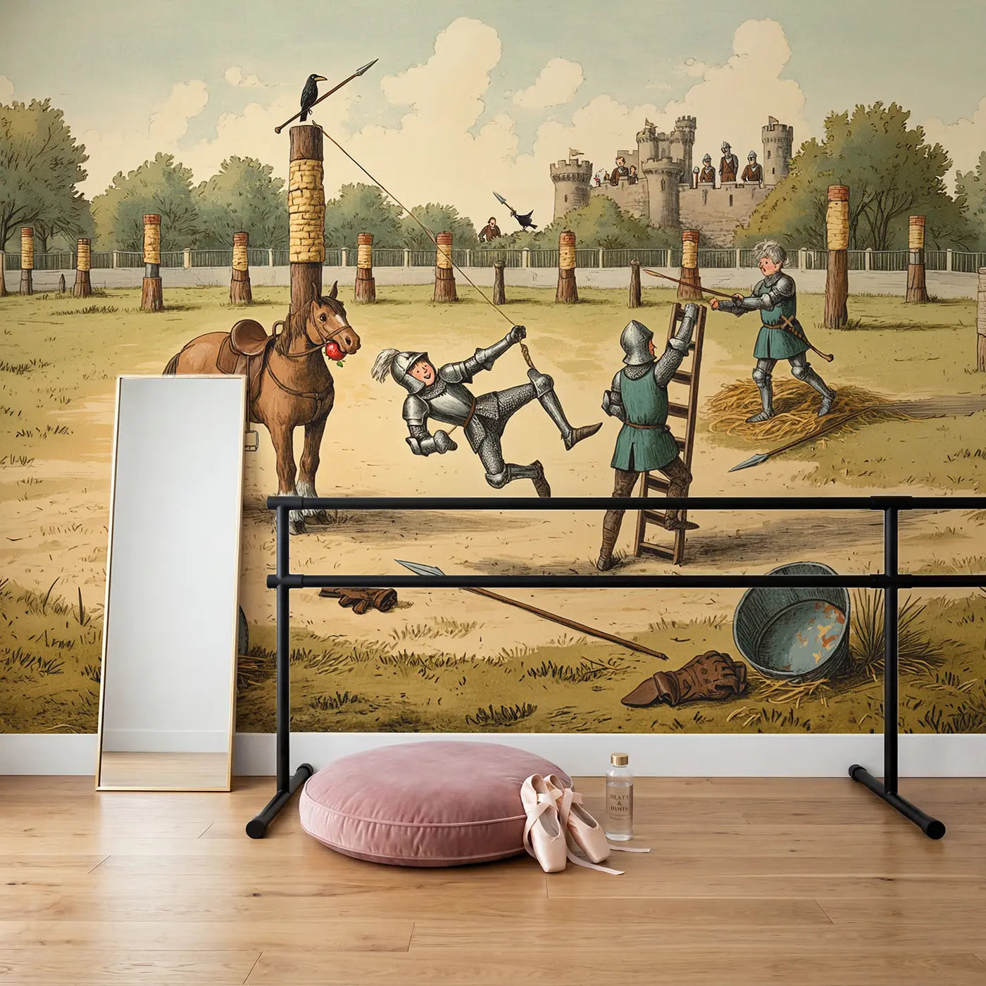 Jousting Practice Comedy Wallpaper Mural in playroom setting by Whimsy Tots
