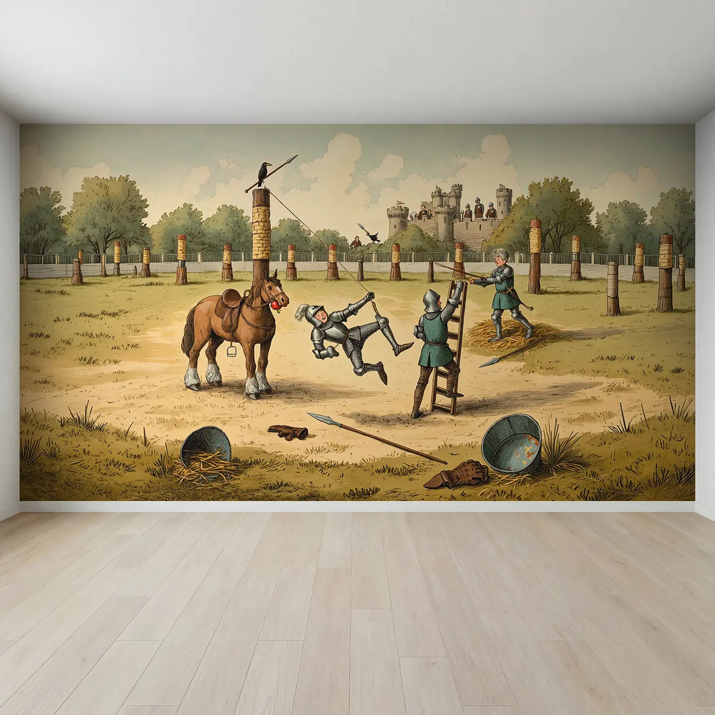 Full view of Jousting Practice Comedy Wallpaper Mural by Whimsy Tots