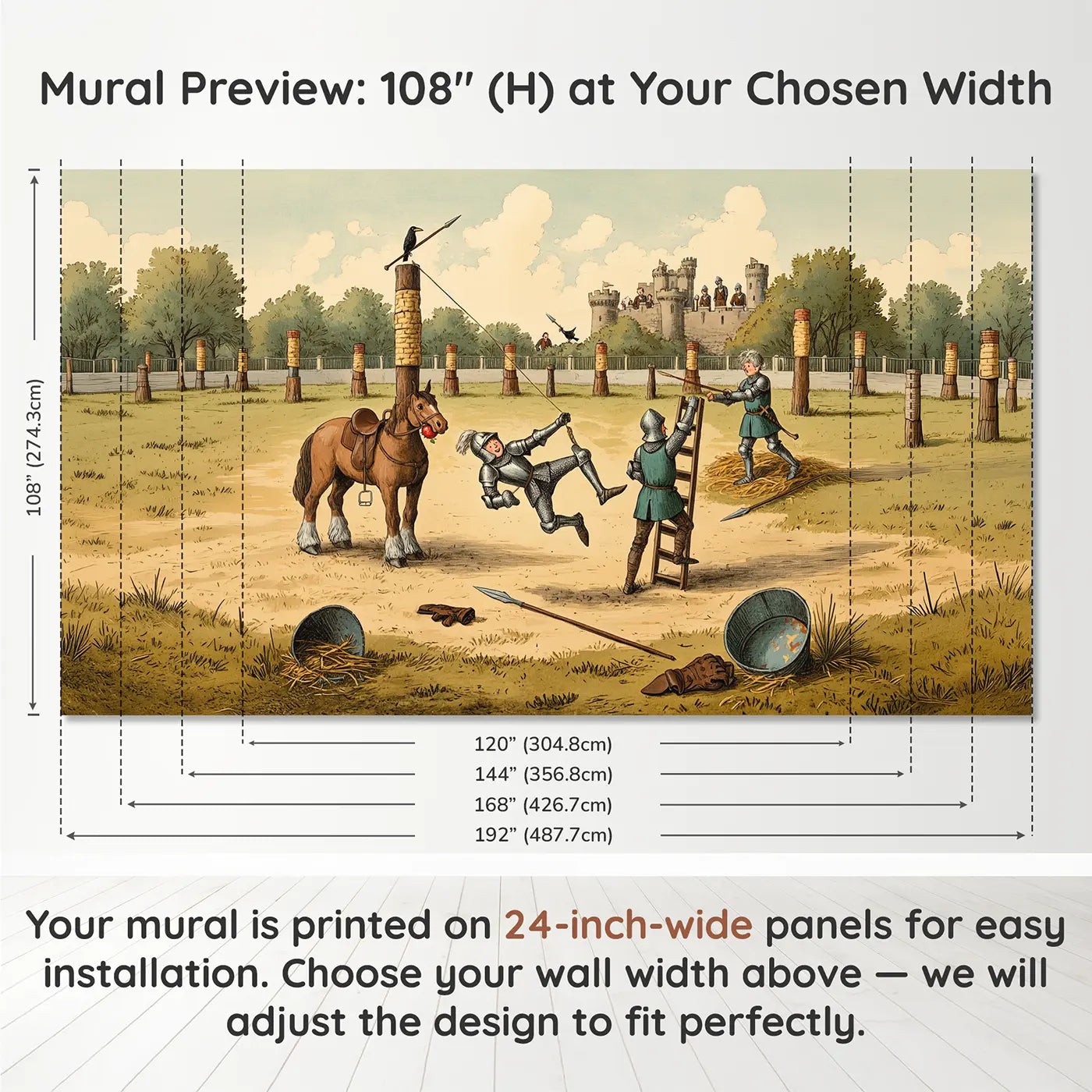 Panel layout and dimensions for Jousting Practice Comedy Wallpaper Mural by Whimsy Tots