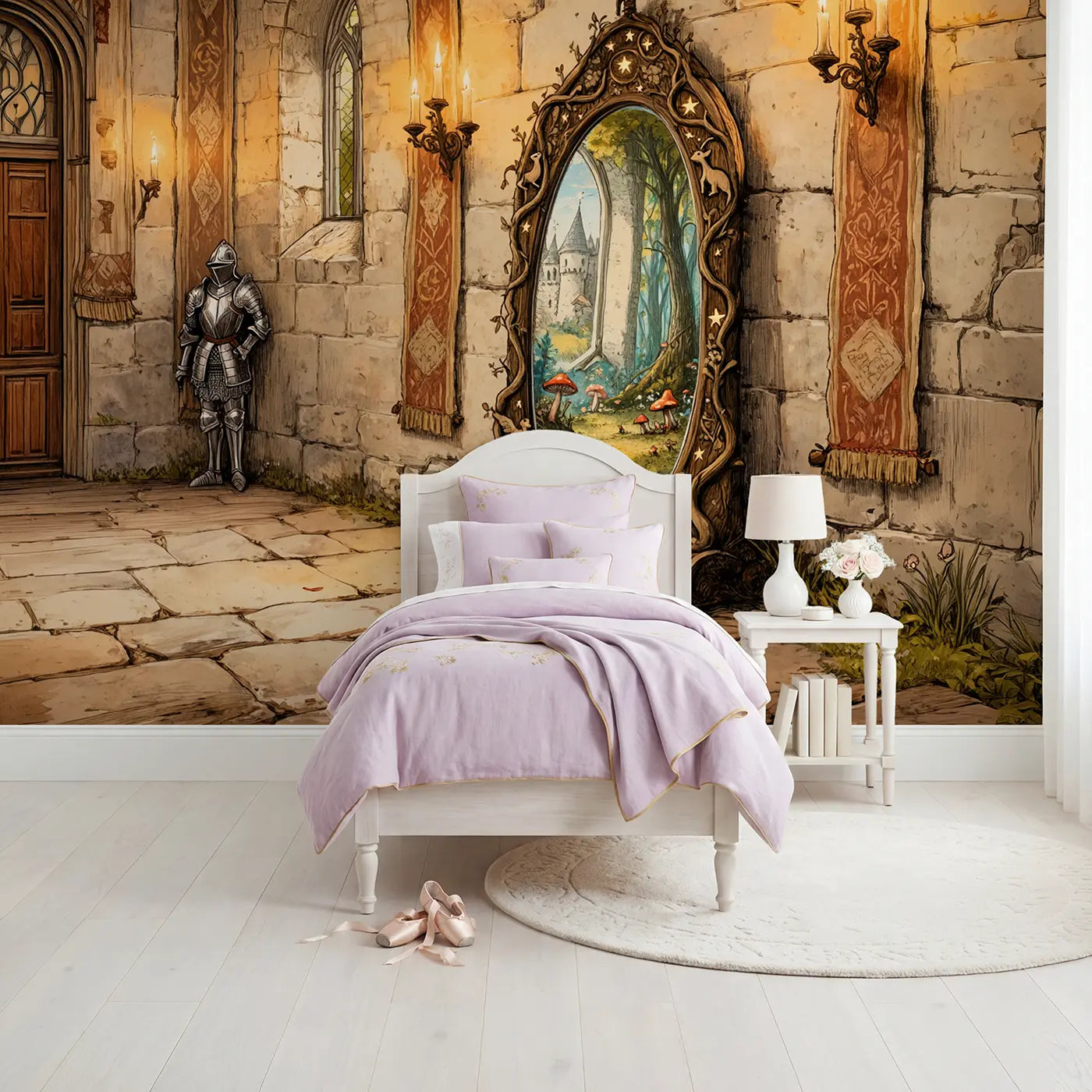 Block print magic mirror castle hall wallpaper mural for girls room by Whimsy Tots