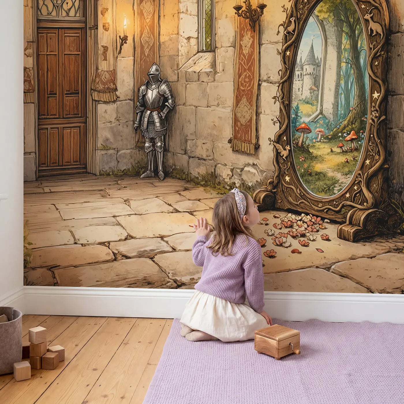 Child in nursery with Magic Mirror Castle Hall Wallpaper Mural by Whimsy Tots