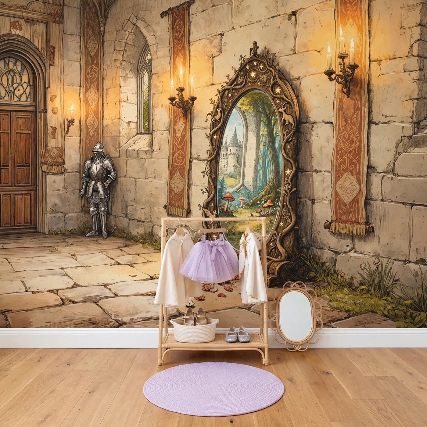 Magic Mirror Castle Hall Wallpaper Mural in playroom setting by Whimsy Tots