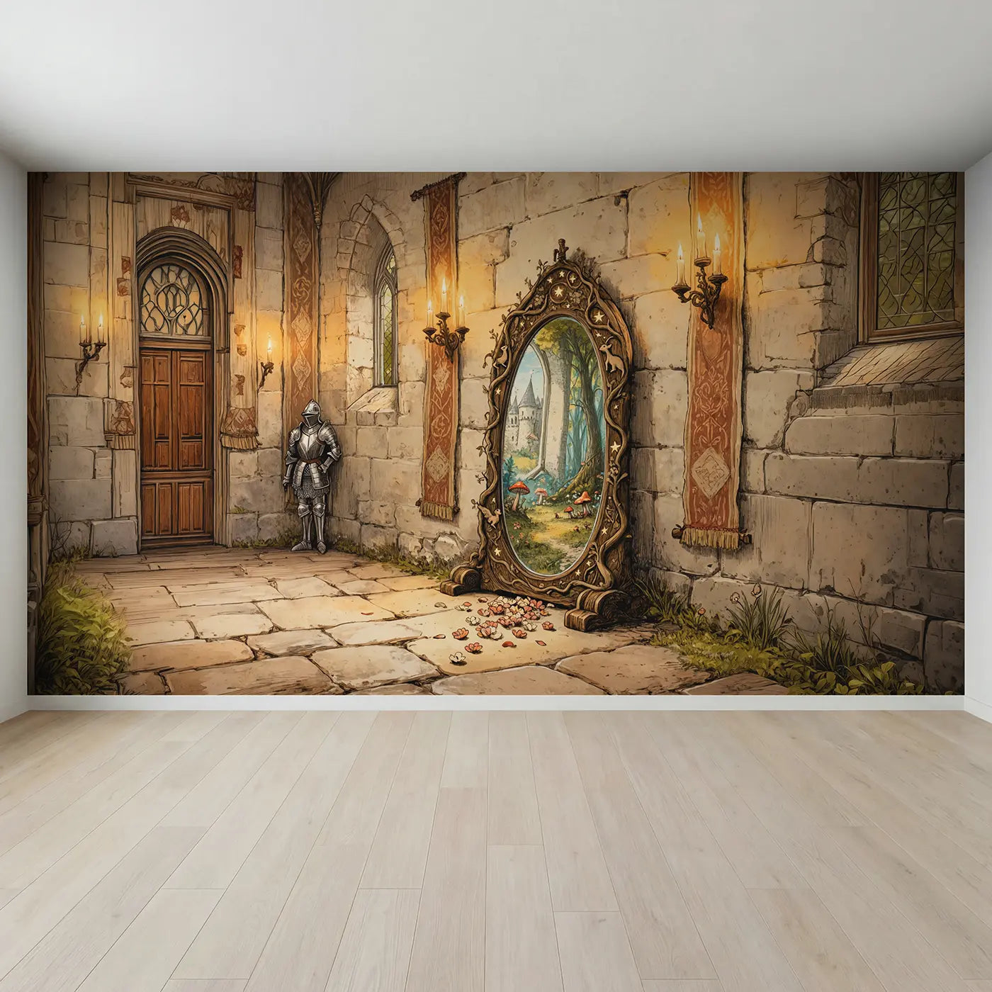 Full view of Magic Mirror Castle Hall Wallpaper Mural by Whimsy Tots