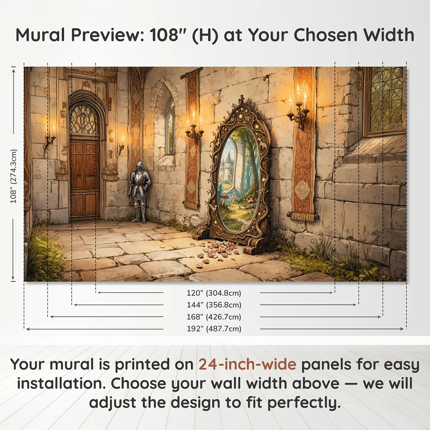 Panel layout and dimensions for Magic Mirror Castle Hall Wallpaper Mural by Whimsy Tots