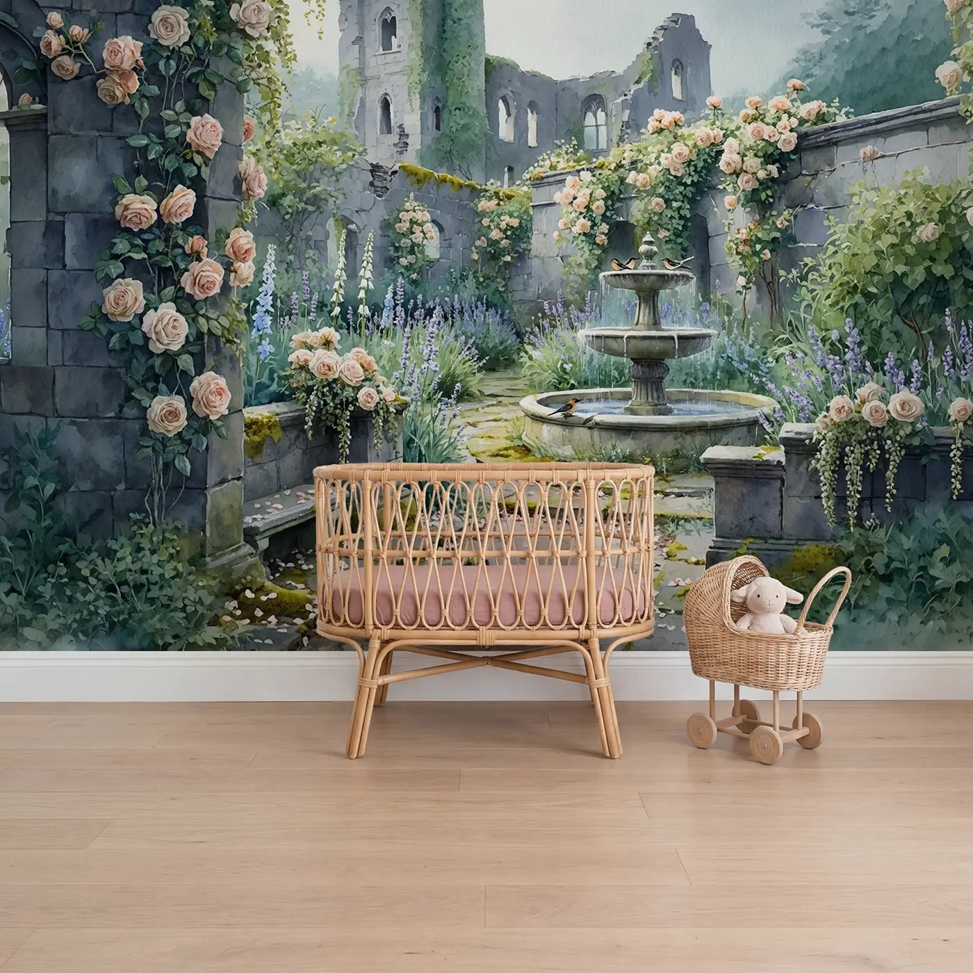Watercolor abandoned castle rose garden wallpaper mural for nursery by Whimsy Tots