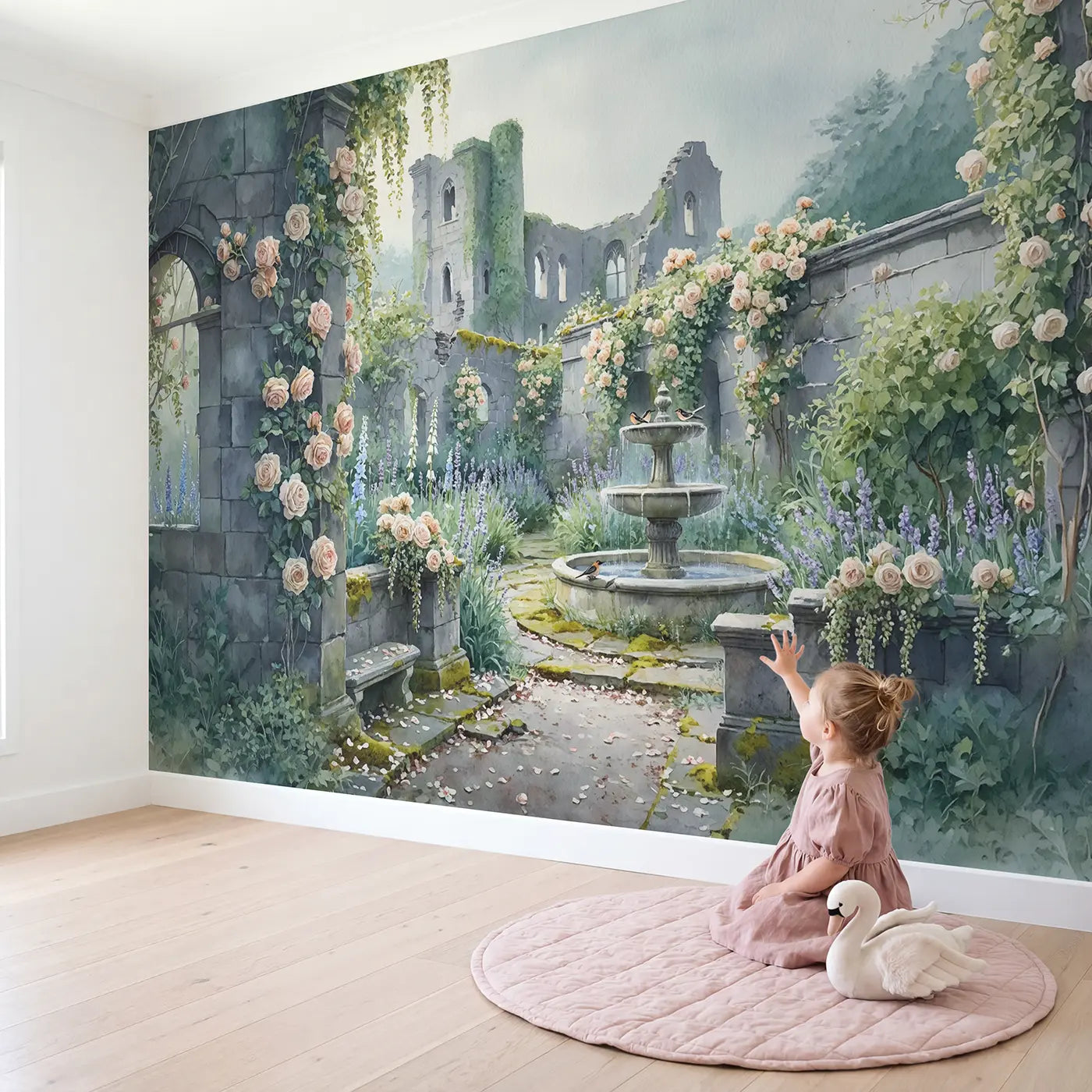 Child in nursery with Abandoned Castle Rose Garden Wallpaper Mural by Whimsy Tots
