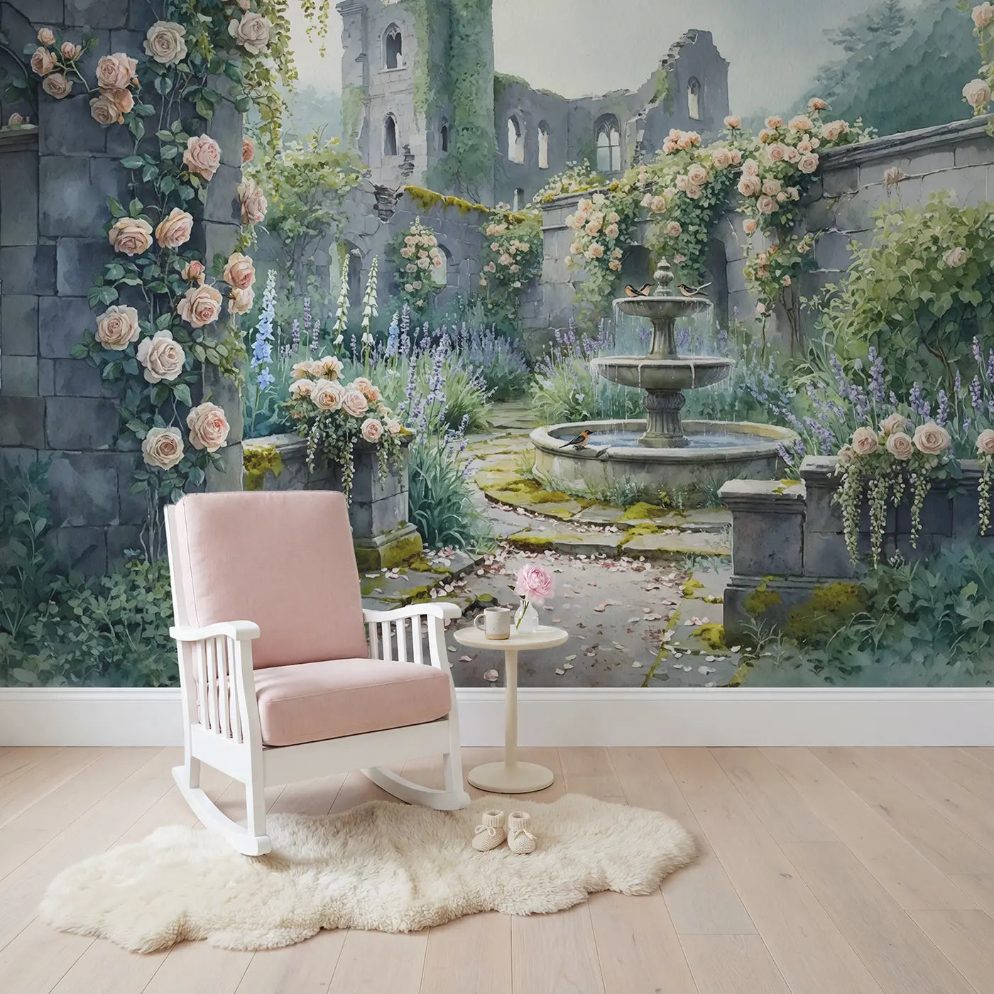 Abandoned Castle Rose Garden Wallpaper Mural in playroom setting by Whimsy Tots