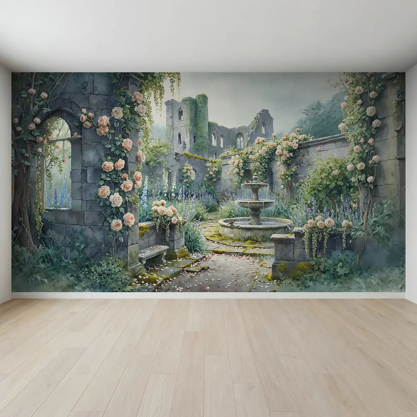 Full view of Abandoned Castle Rose Garden Wallpaper Mural by Whimsy Tots