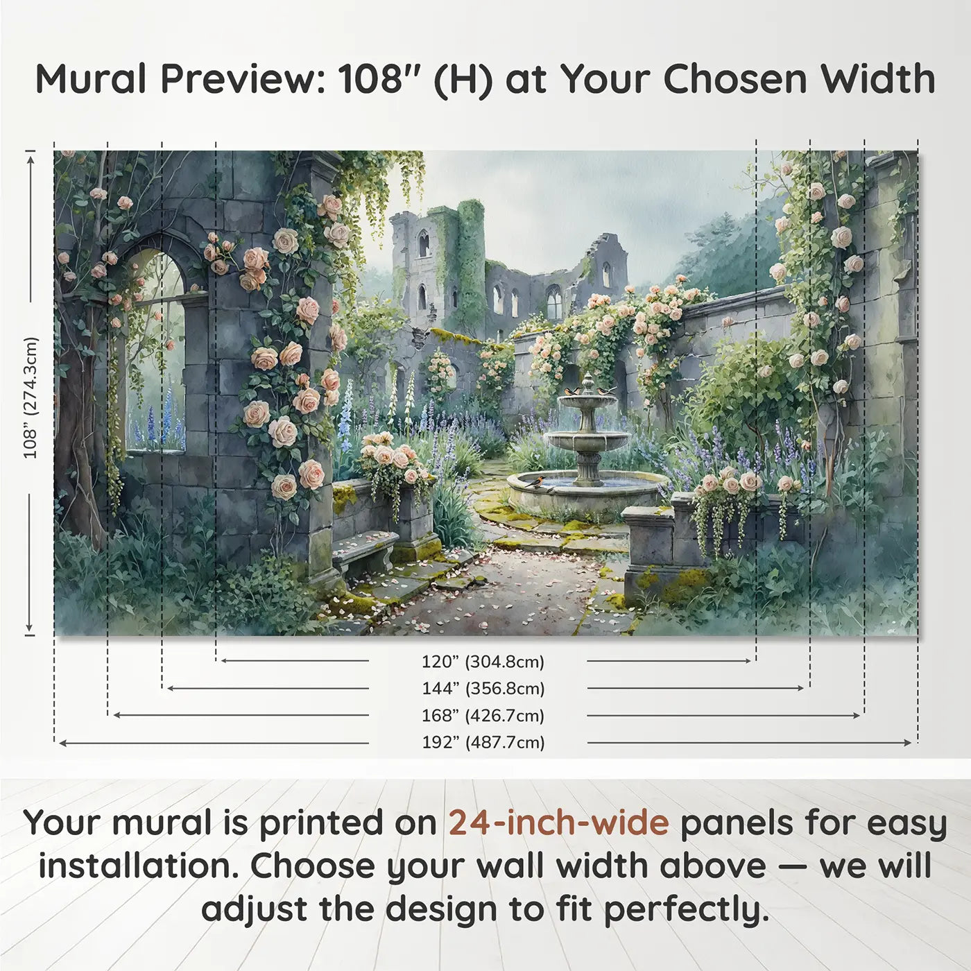 Panel layout and dimensions for Abandoned Castle Rose Garden Wallpaper Mural by Whimsy Tots