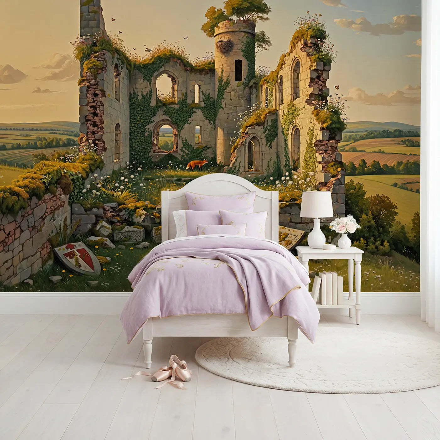 modern illustration castle ruins reclaimed by nature mural for kids room by Whimsy Tots