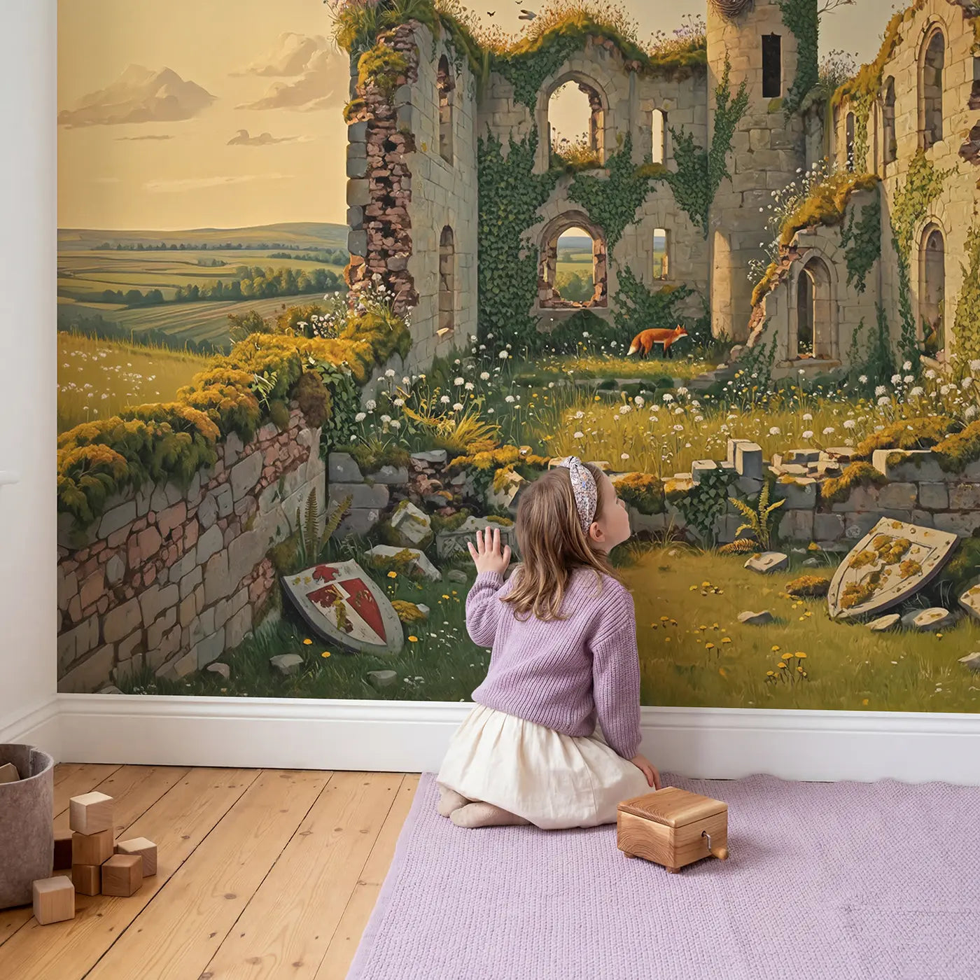 Child in nursery with Castle Ruins Reclaimed by Nature Wallpaper Mural by Whimsy Tots