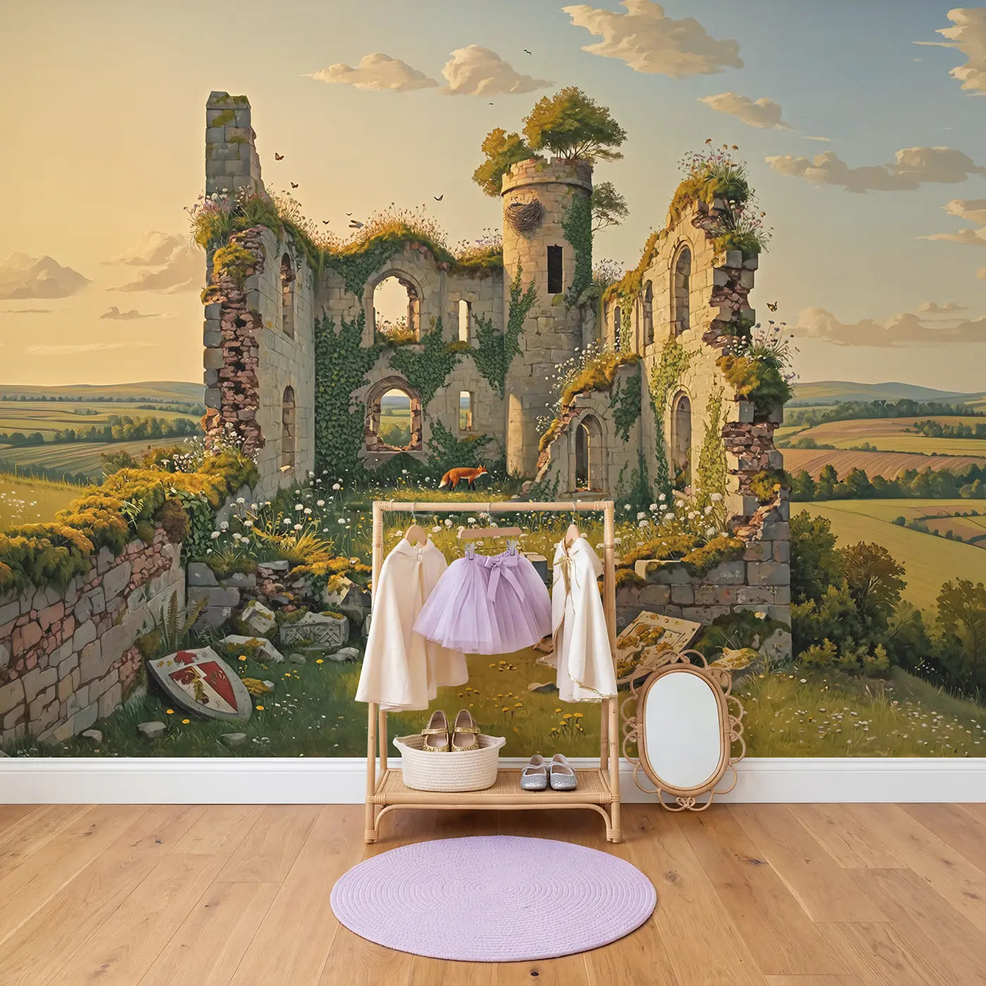 Castle Ruins Reclaimed by Nature Wallpaper Mural in playroom setting by Whimsy Tots
