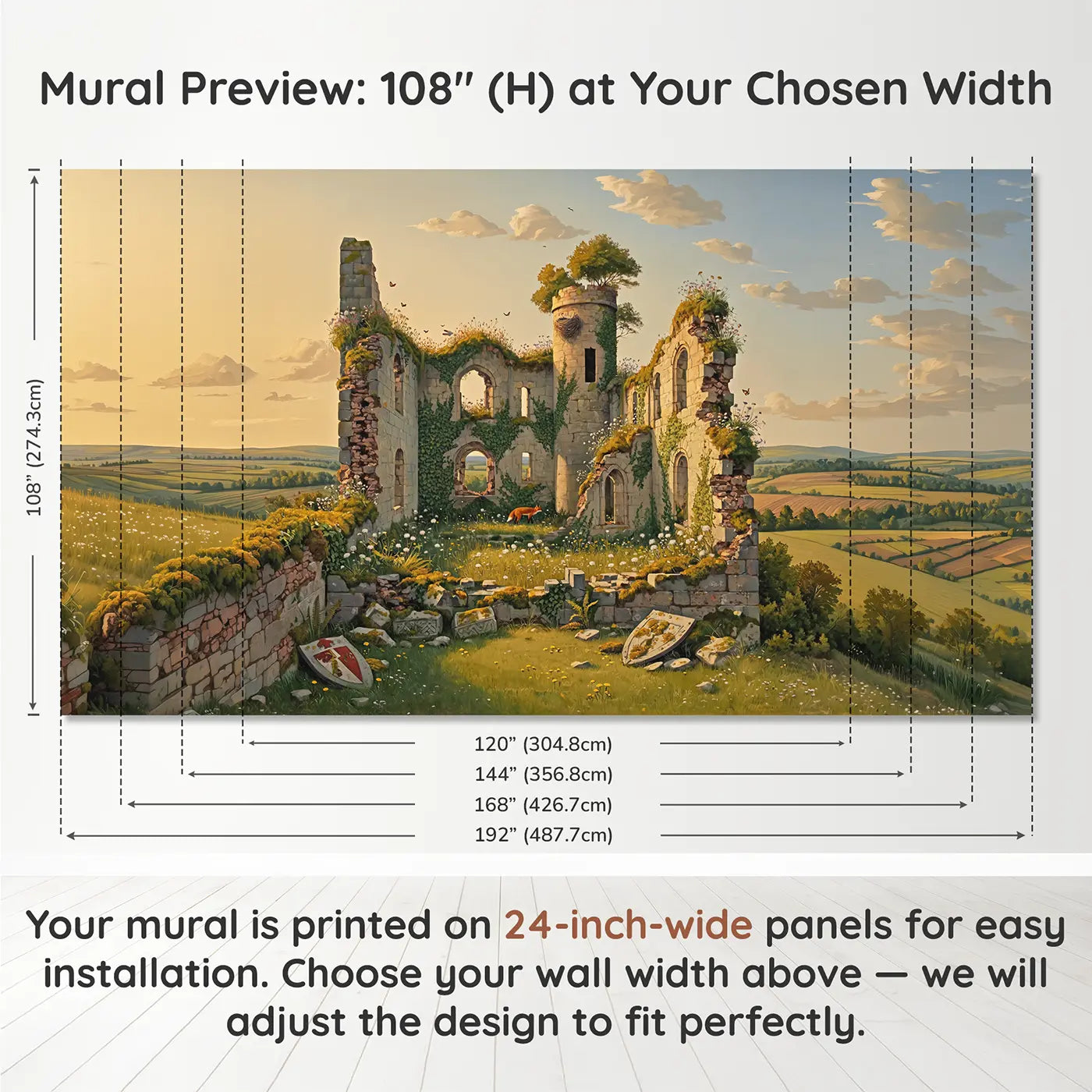 Panel layout and dimensions for Castle Ruins Reclaimed by Nature Wallpaper Mural by Whimsy Tots