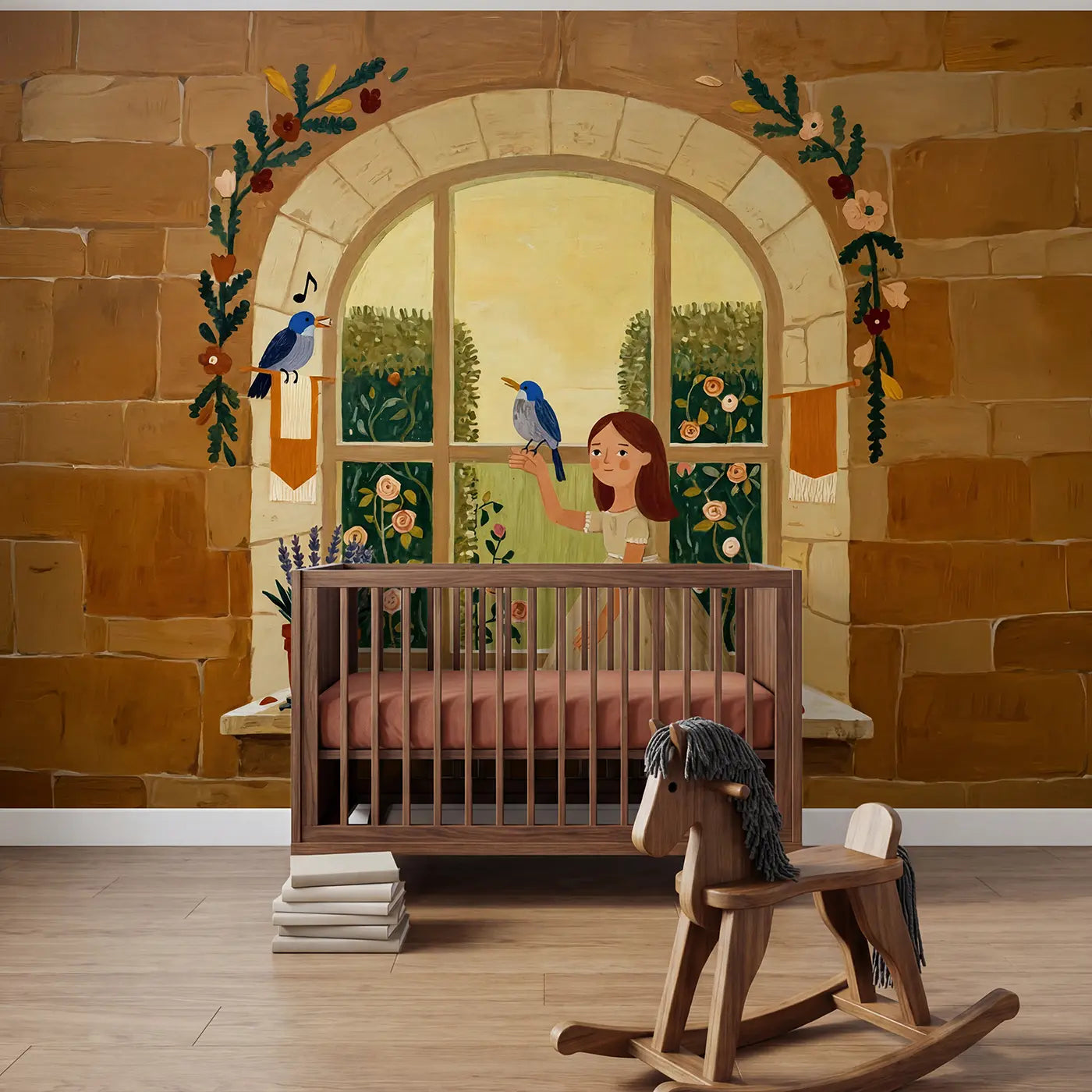 Modern illustration princess singing birds castle wallpaper mural for kids room by Whimsy Tots