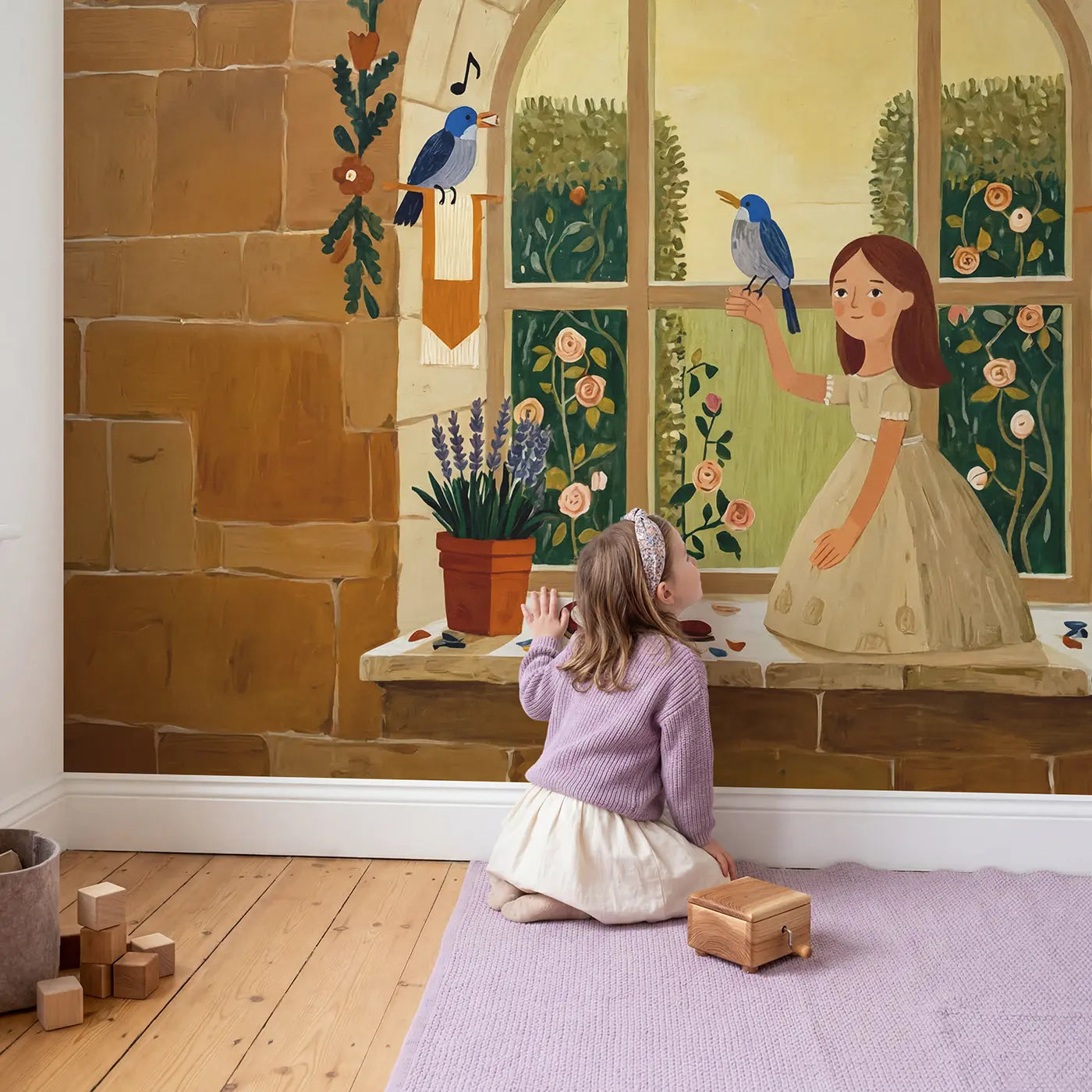 Child in nursery with Singing Princess Bird Lesson Wallpaper Mural by Whimsy Tots