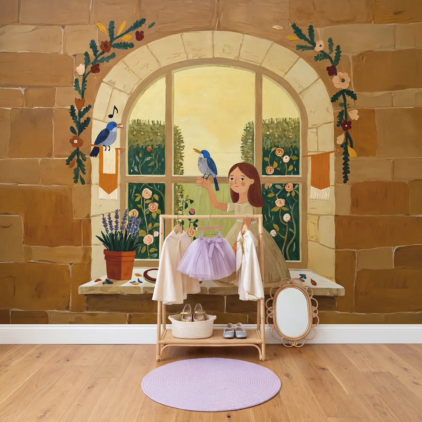 Singing Princess Bird Lesson Wallpaper Mural in playroom setting by Whimsy Tots