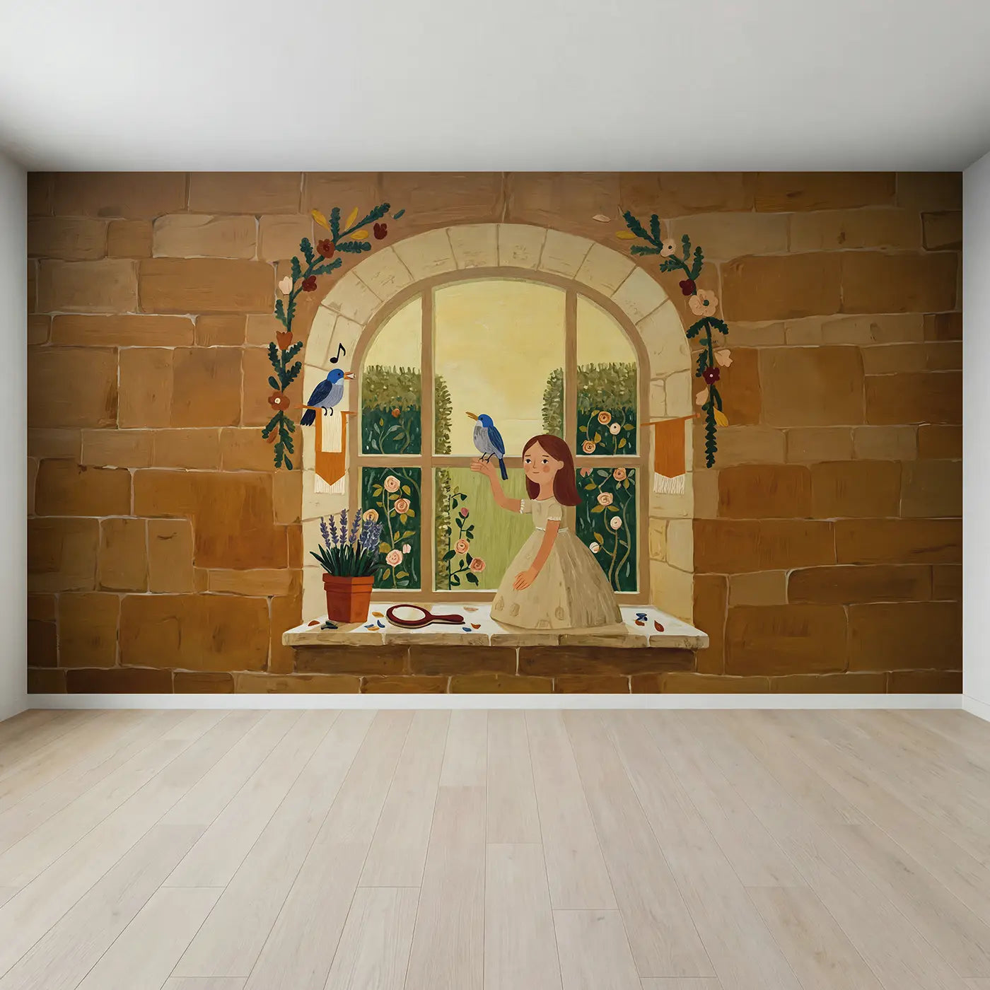 Full view of Singing Princess Bird Lesson Wallpaper Mural by Whimsy Tots