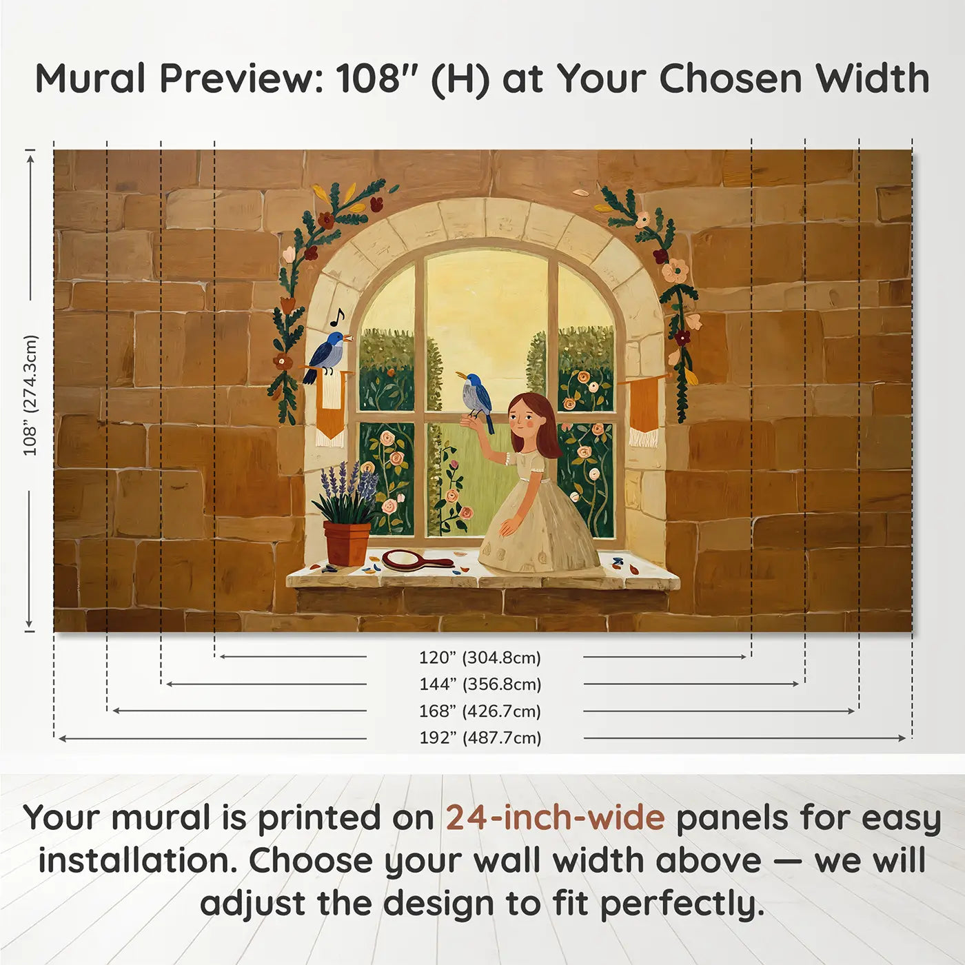 Panel layout and dimensions for Singing Princess Bird Lesson Wallpaper Mural by Whimsy Tots