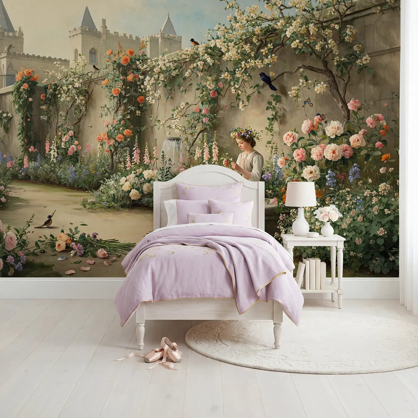 Botanical elegance princess and crown wallpaper mural for girls room by Whimsy Tots