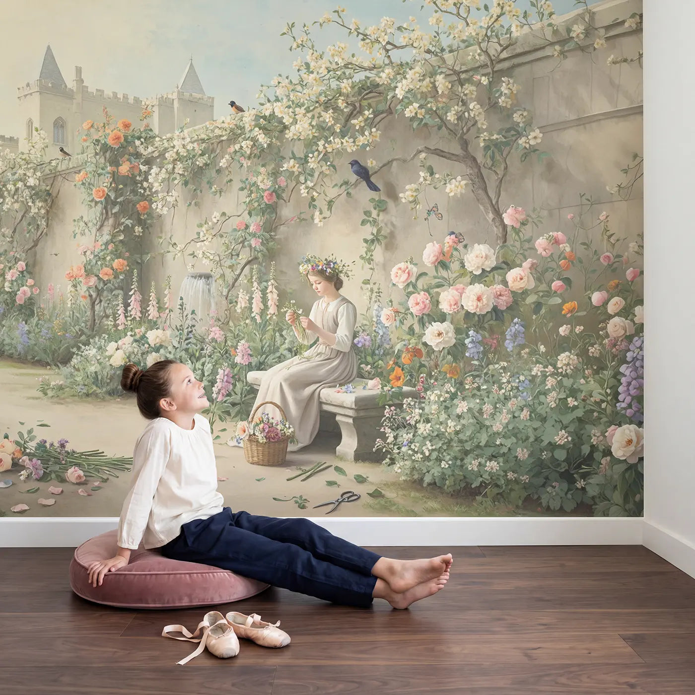 Child in nursery with Princess Wildflower Crown Garden Wallpaper Mural by Whimsy Tots