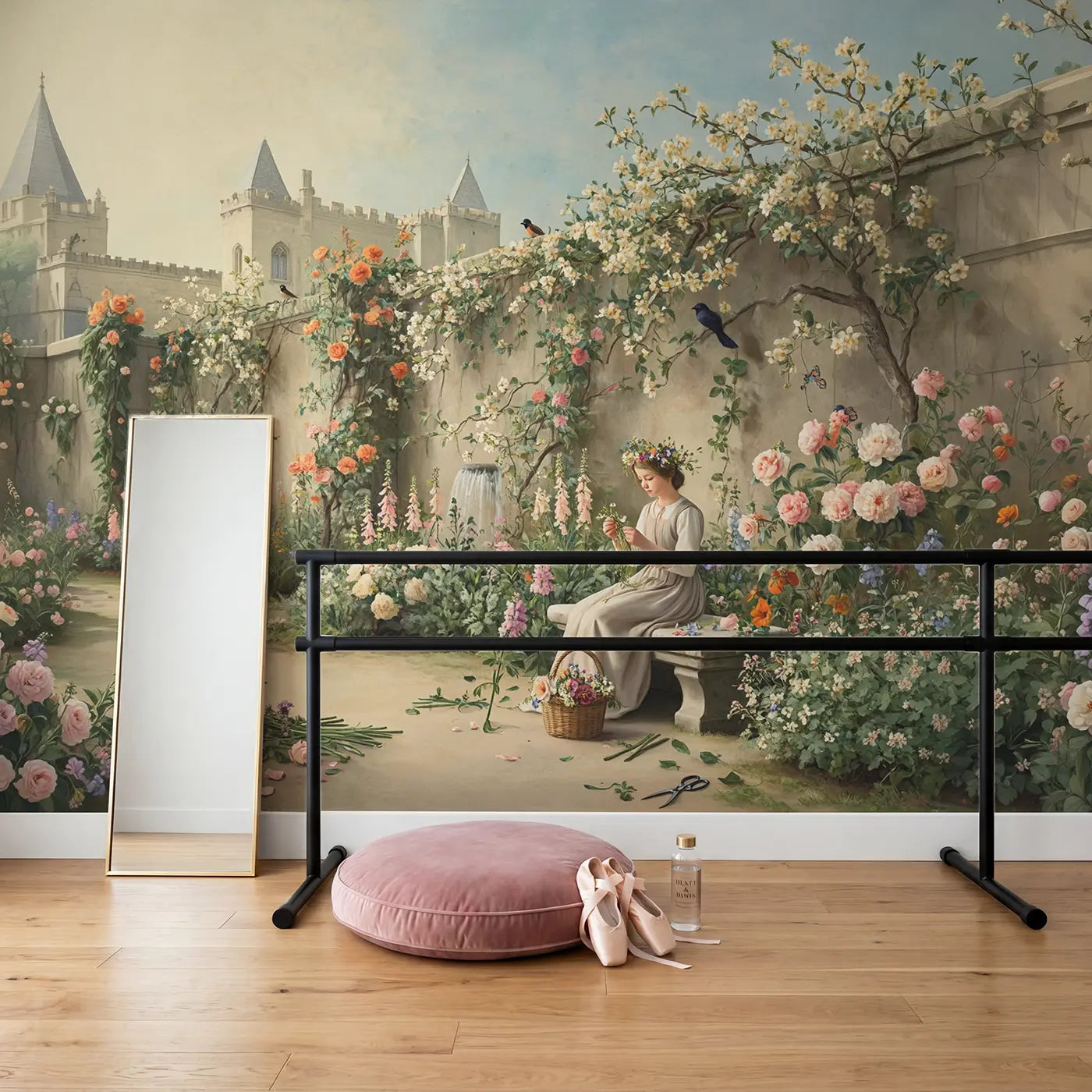 Princess Wildflower Crown Garden Wallpaper Mural in playroom setting by Whimsy Tots
