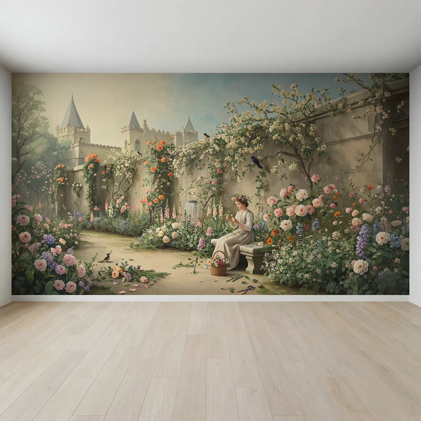 Full view of Princess Wildflower Crown Garden Wallpaper Mural by Whimsy Tots