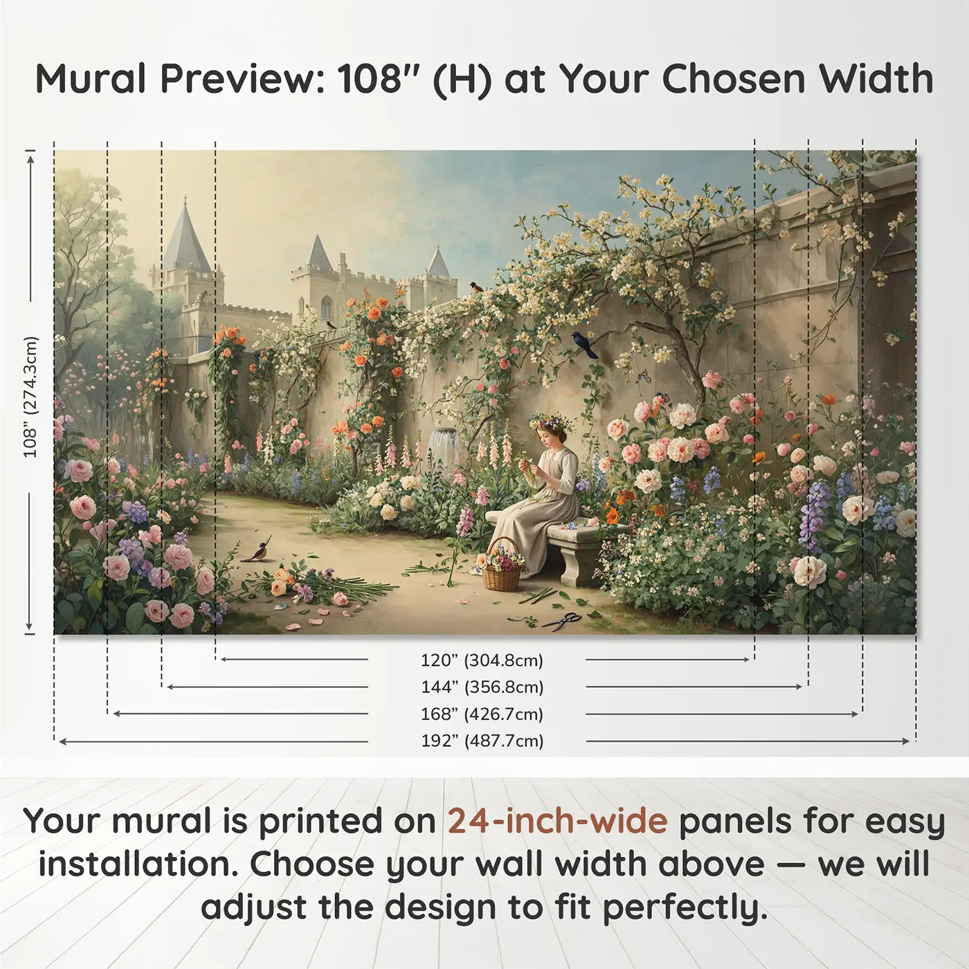 Panel layout and dimensions for Princess Wildflower Crown Garden Wallpaper Mural by Whimsy Tots