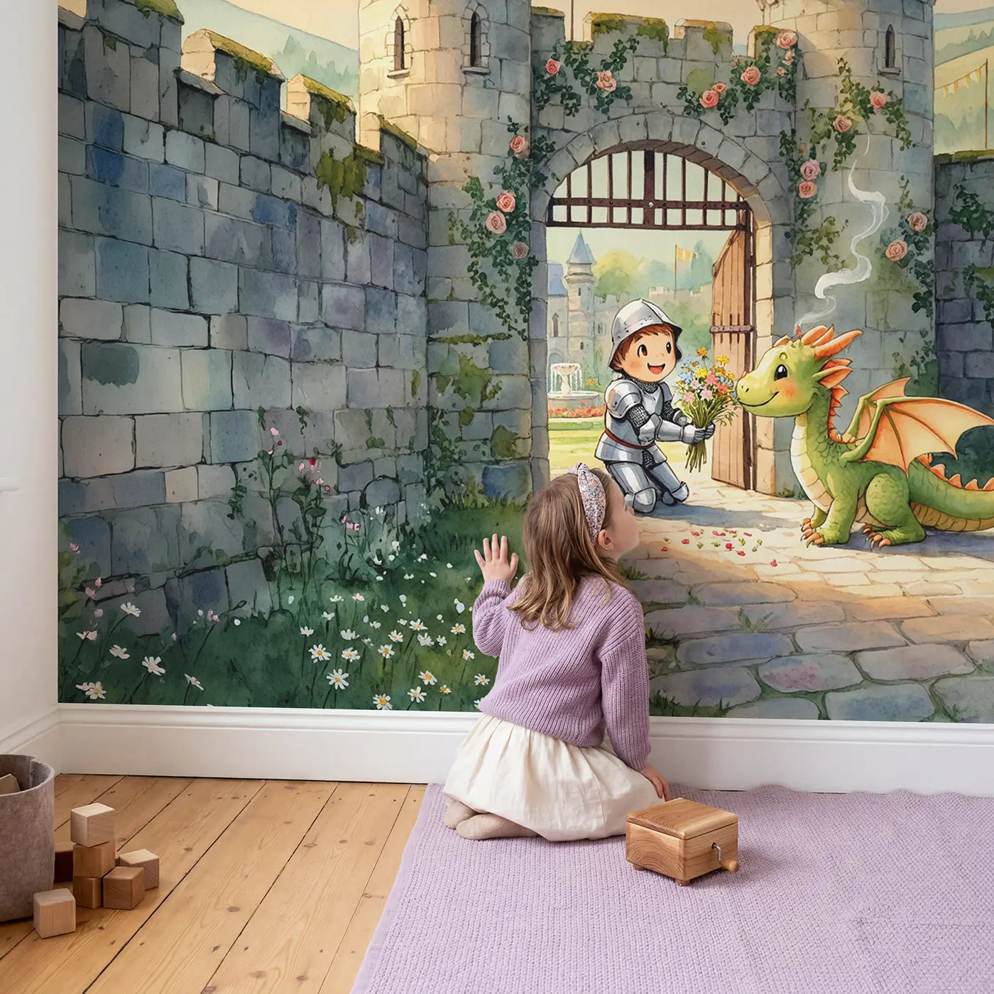 Child in nursery with Knight and Baby Dragon Wallpaper Mural by Whimsy Tots