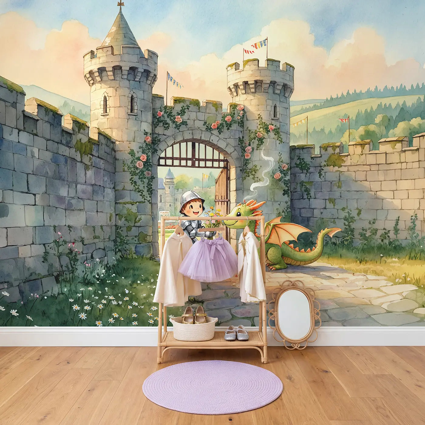 Knight and Baby Dragon Wallpaper Mural in playroom setting by Whimsy Tots