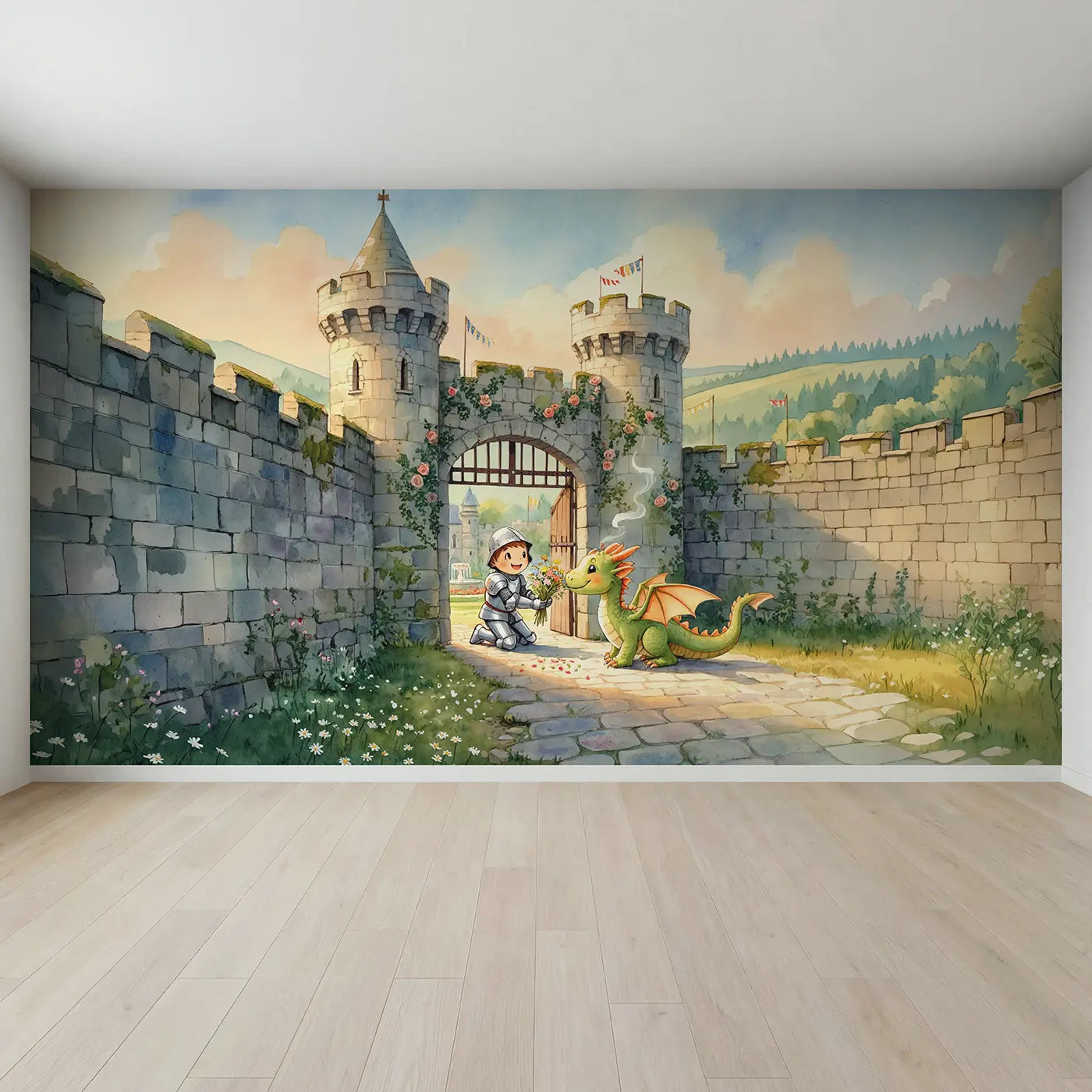 Full view of Knight and Baby Dragon Wallpaper Mural by Whimsy Tots