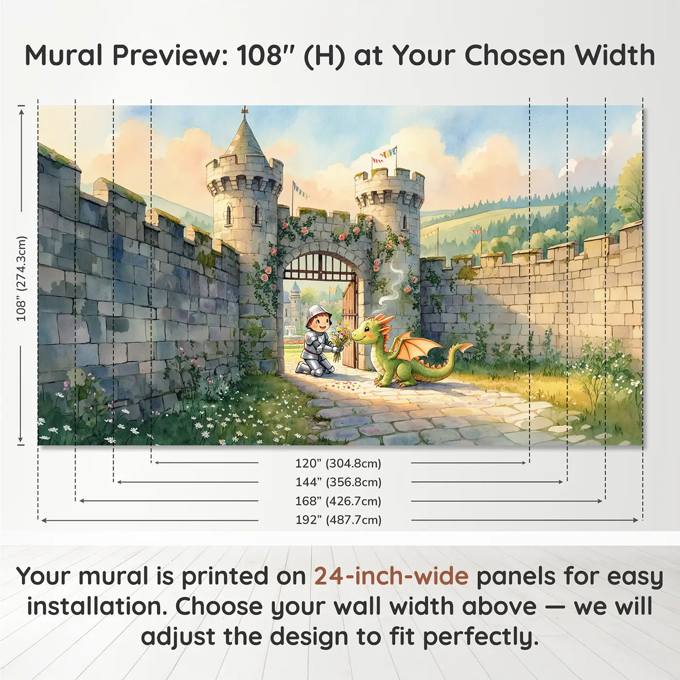 Panel layout and dimensions for Knight and Baby Dragon Wallpaper Mural by Whimsy Tots