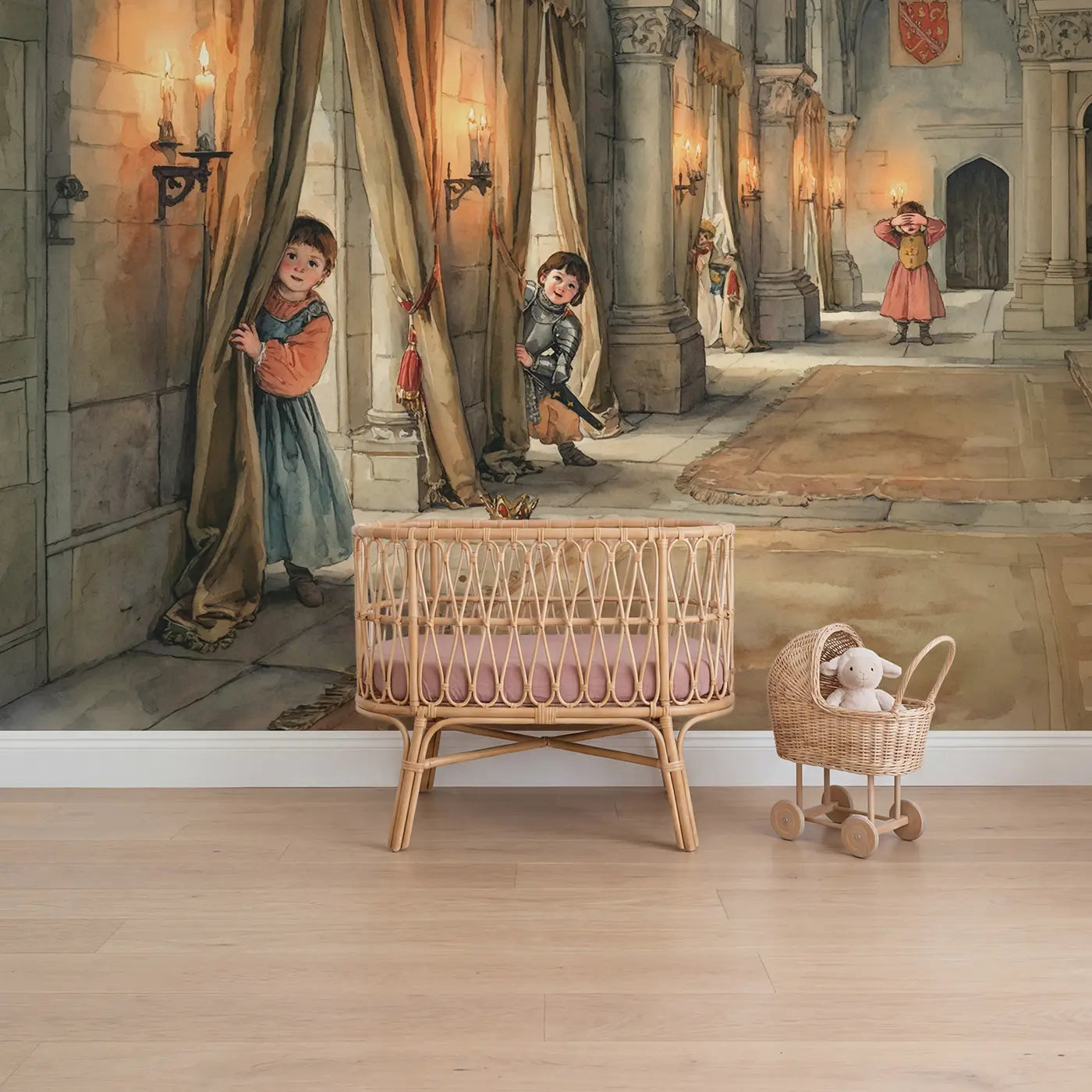 Watercolor castle castle wallpaper mural for nursery by Whimsy Tots