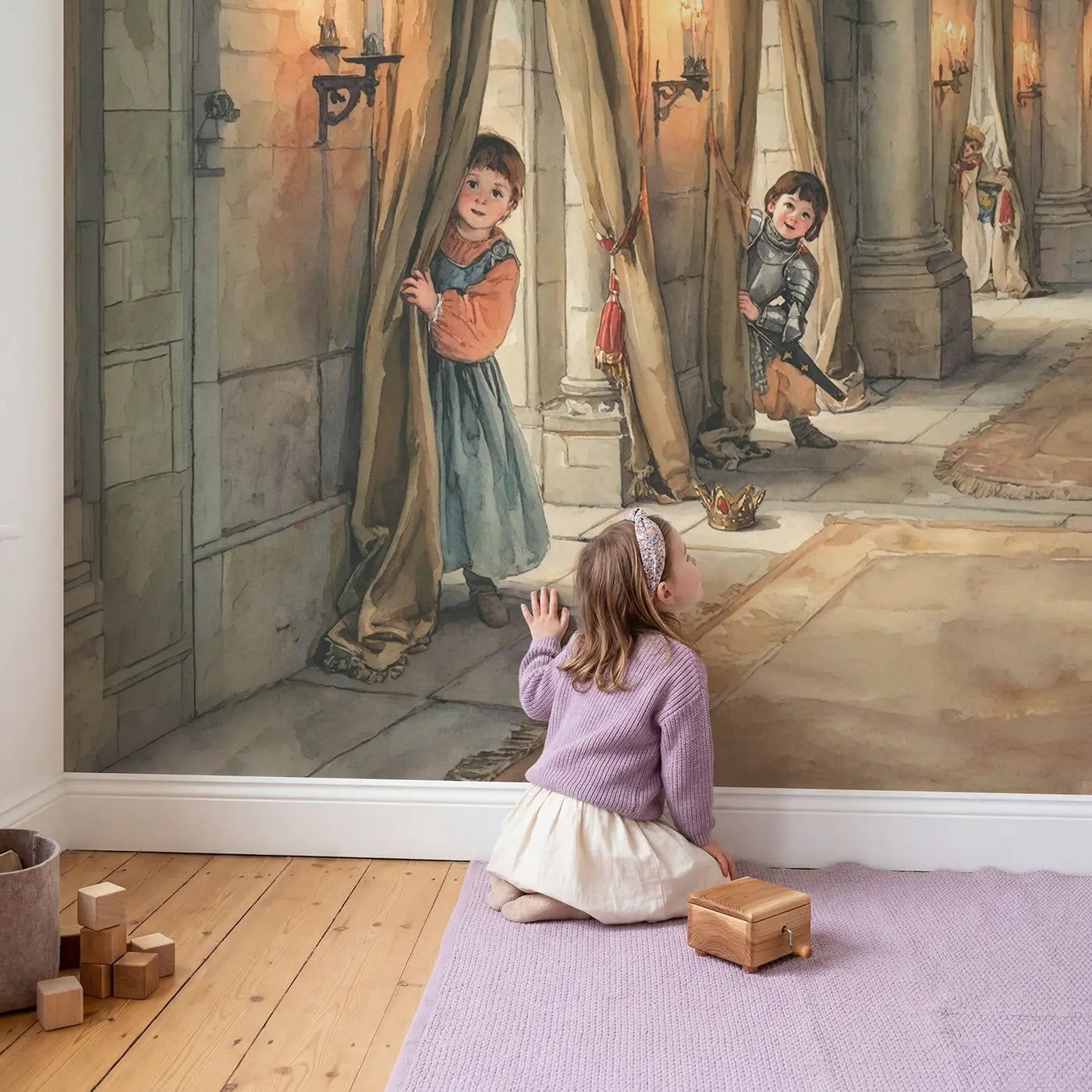 Child in nursery with Castle Hide and Seek Wallpaper Mural by Whimsy Tots