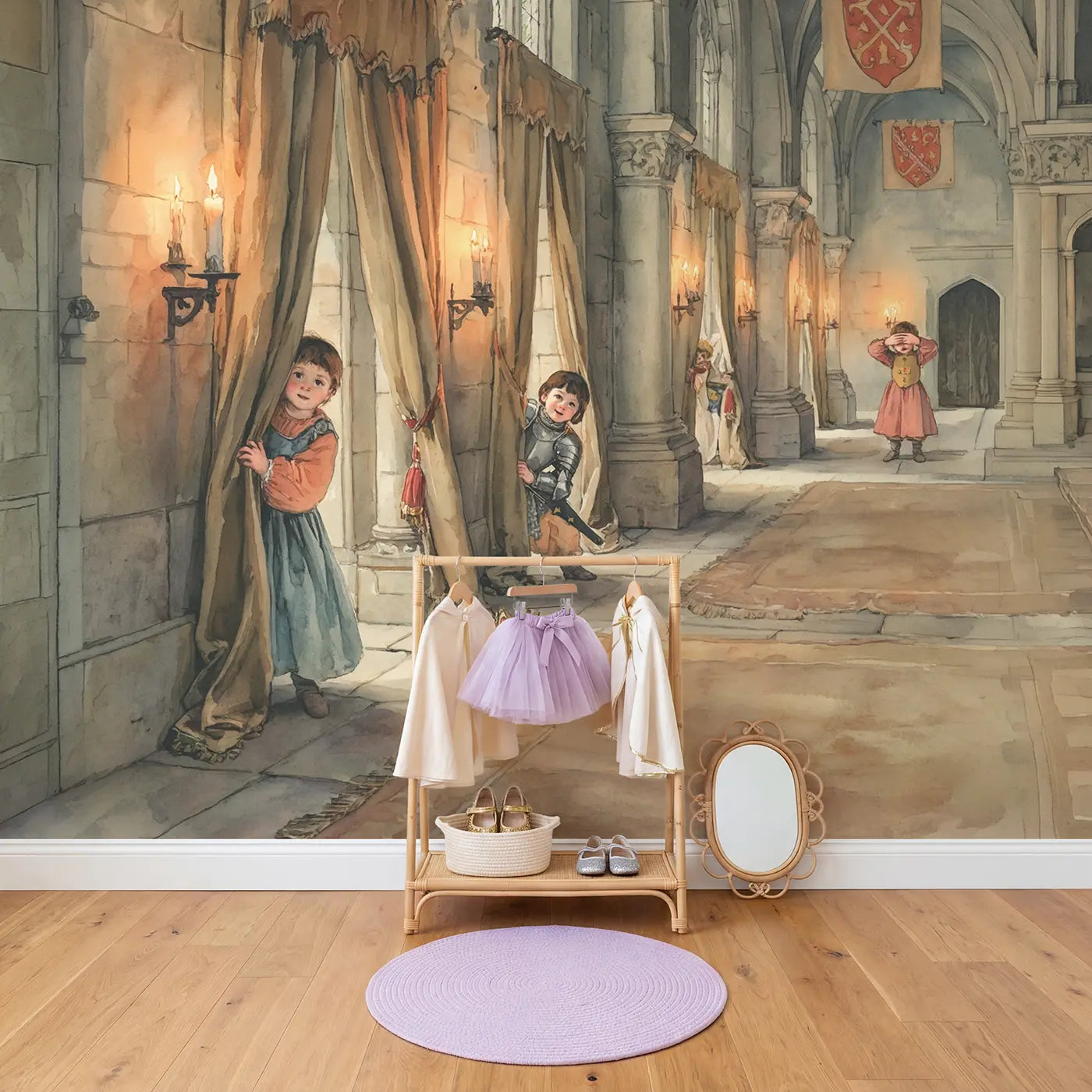Castle Hide and Seek Wallpaper Mural in playroom setting by Whimsy Tots