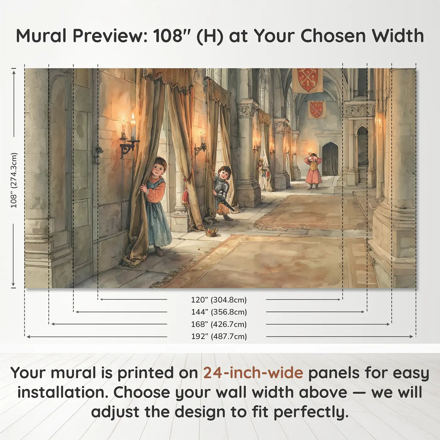 Panel layout and dimensions for Castle Hide and Seek Wallpaper Mural by Whimsy Tots